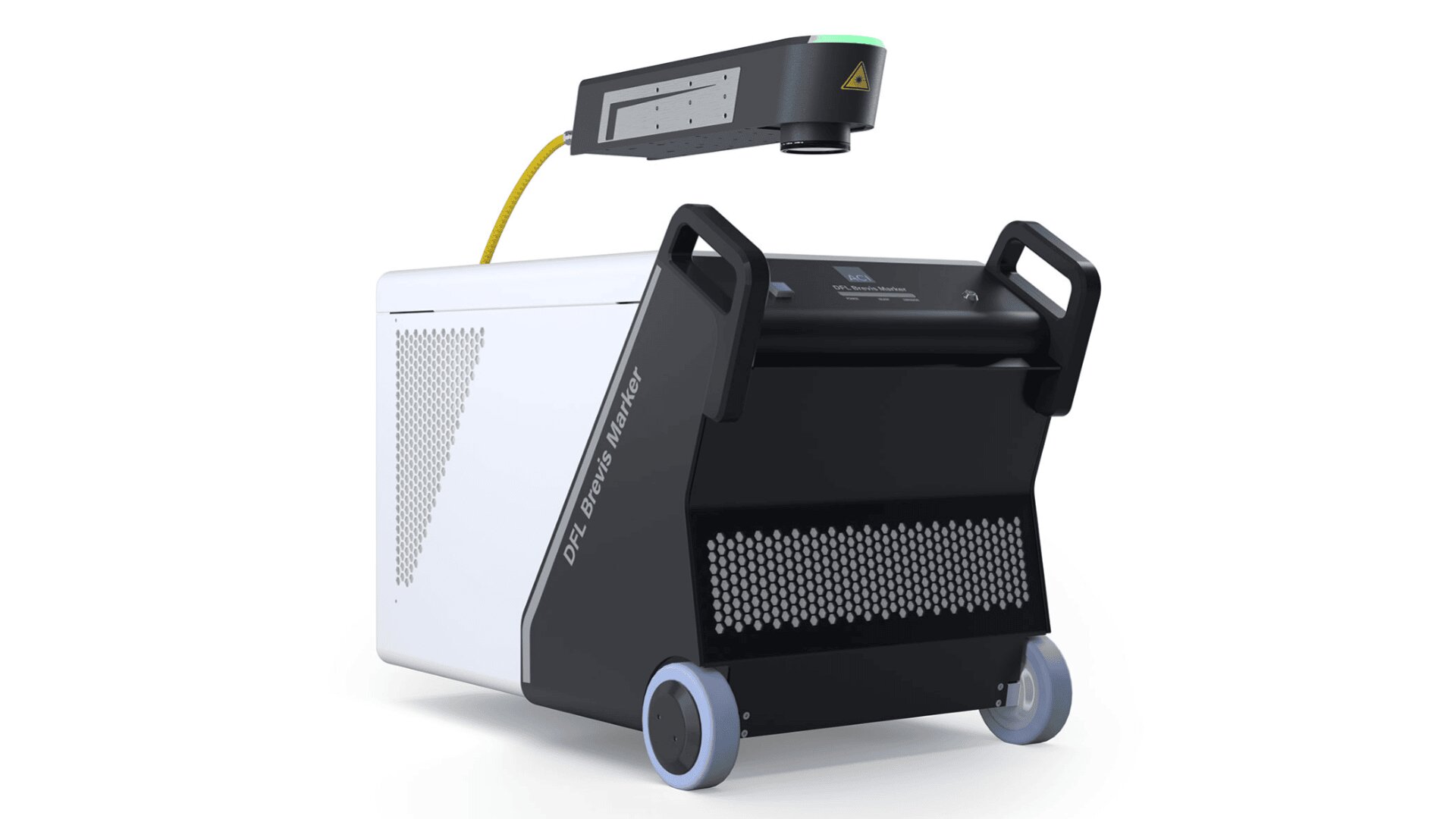 Eine moderne industrielle Laserreinigungsmaschine mit einem schwarz-weißen rechteckigen Gehäuse, Griffen, Rädern, einem Bedienfeld und einem montierten Laserkopf, der durch ein gelbes Kabel verbunden ist.