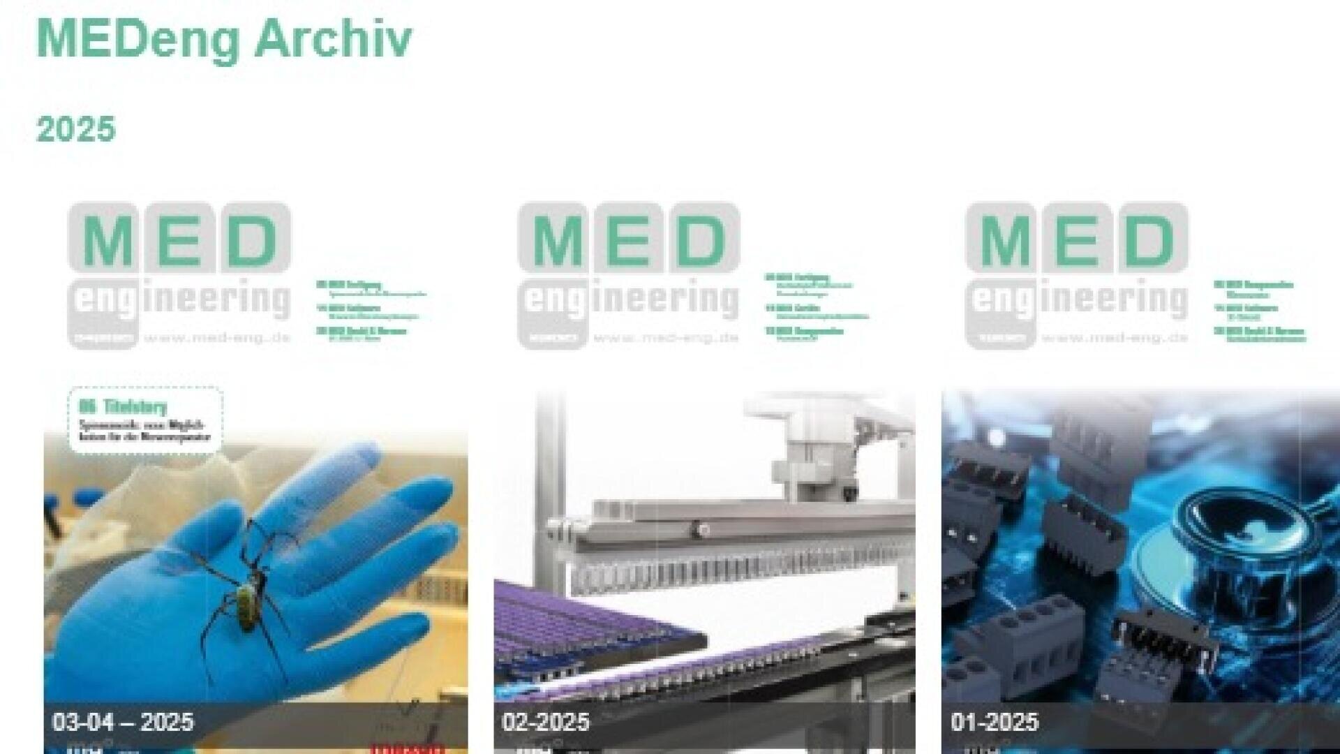 Three magazine covers are shown. The first shows a hand with blue gloves holding an insect, the second shows laboratory automation equipment and the third shows a close-up of electronic components. All of them belong to MED engineering in the year 2025.