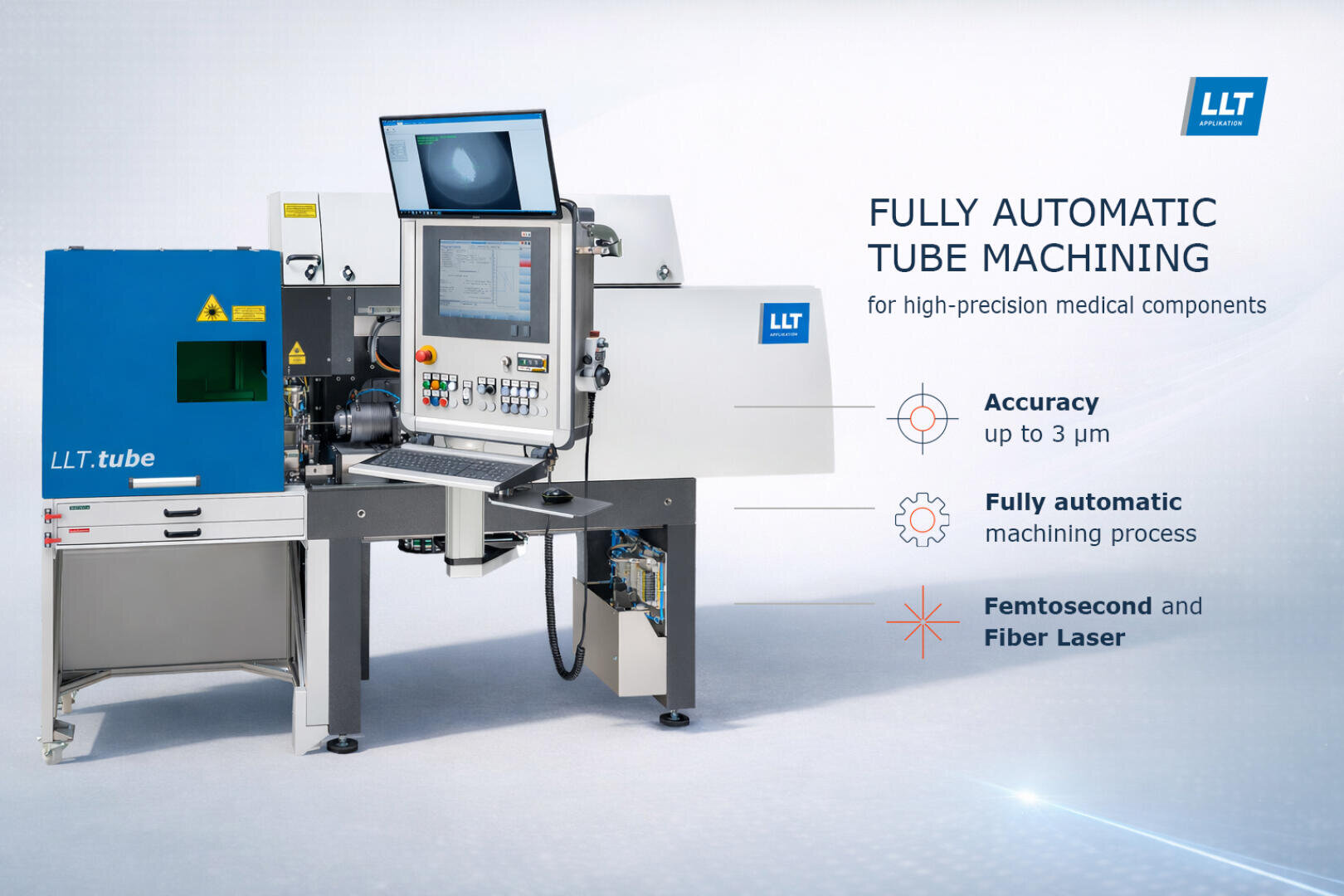 A fully automatic tube machining machine for medical components sits in a clean, well-lit room. Monitors display data, and text highlights features: 3 µm accuracy, fully automatic process, and femtosecond and fiber laser options.