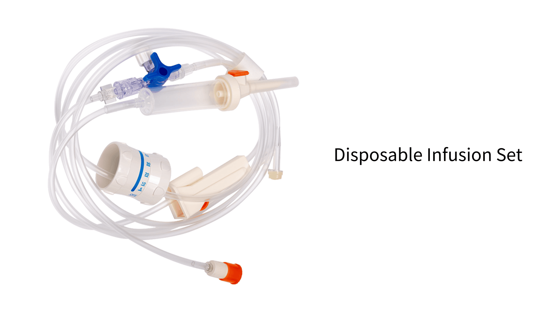 Ein gewickeltes Einweg-Infusionsset mit Tropfkammer, Schlauch, Durchflussregler und Anschlüssen, dargestellt auf weißem Hintergrund neben dem Text Einweg-Infusionsset.