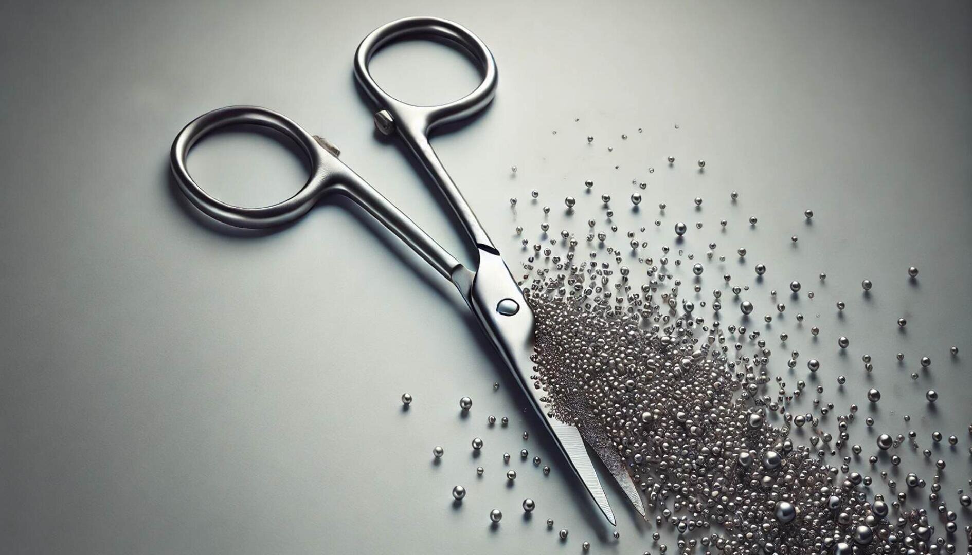 Eine Metallschere liegt offen auf einer glatten Fläche, aus deren Klingen zahlreiche kleine Silberkugeln herausragen, die an abgeschnittene Fäden oder verstreute Nadeln erinnern.