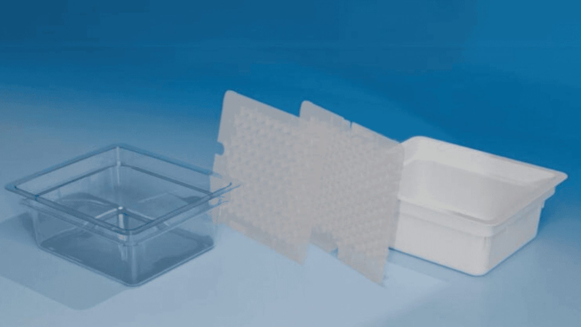 A clear plastic tray, two perforated divider sheets, and a white plastic tray are displayed side by side on a blue surface with a blue background.