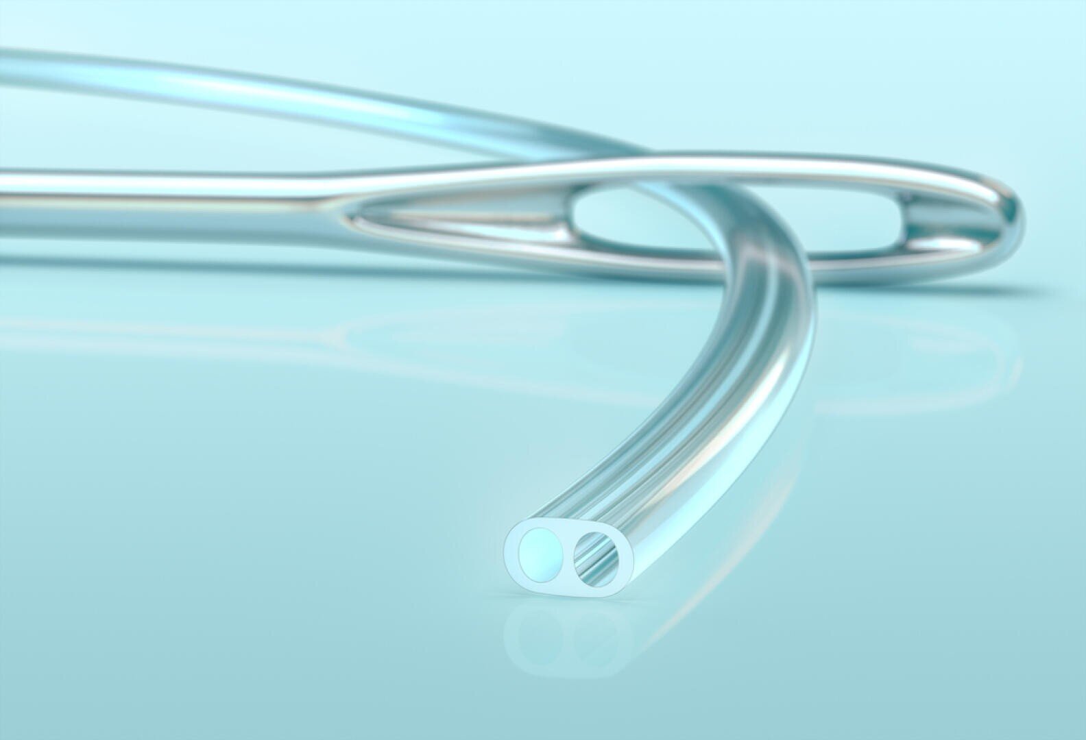 A computer-generated close-up of a shiny silver sewing needle with a transparent, hollow thread partially passing through the oval eye of the needle against a light blue background.