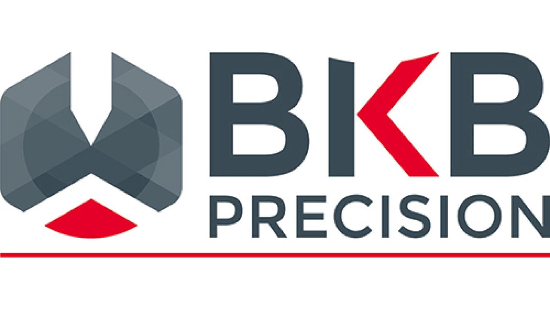 Logo for BKB Precision featuring a geometric gray emblem on the left and the text BKB Precision in gray and red to the right, with a red underline beneath the word Precision.