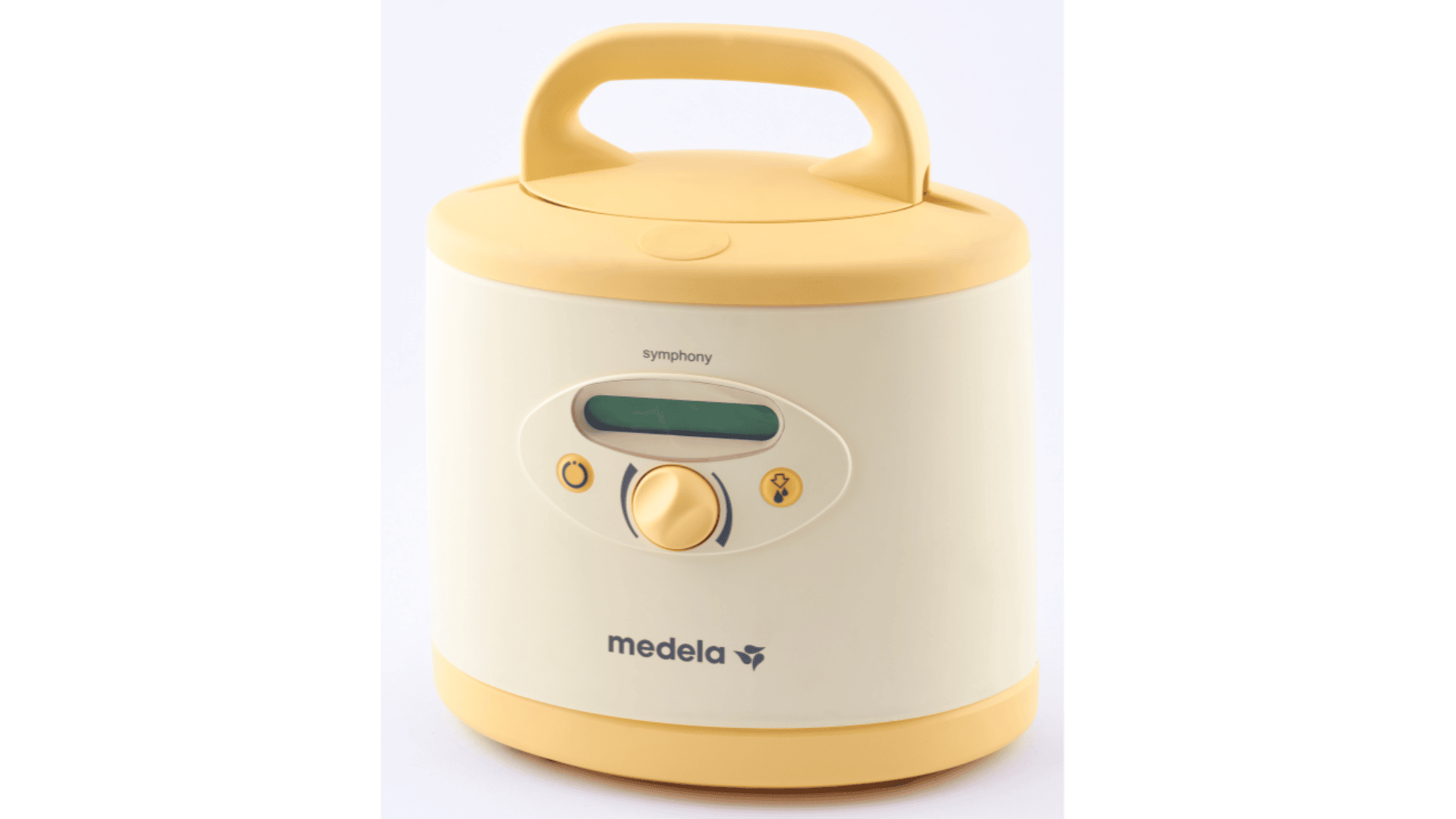 Eine gelb-weiße Medela Symphony Milchpumpe mit einem Griff oben, einer Digitalanzeige und Bedientasten auf der Vorderseite.