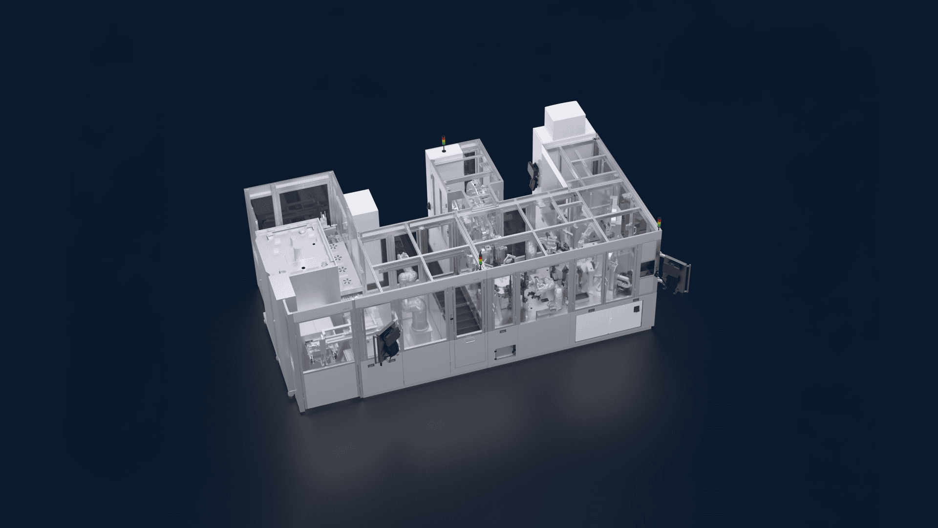 Eine große, automatisierte Industriemaschine mit geschlossenen Glasscheiben, Roboterarmen und Kontrollbildschirmen vor einem dunkelblauen Hintergrund. Die Maschine scheint für Fertigungs- oder Montageprozesse verwendet zu werden.