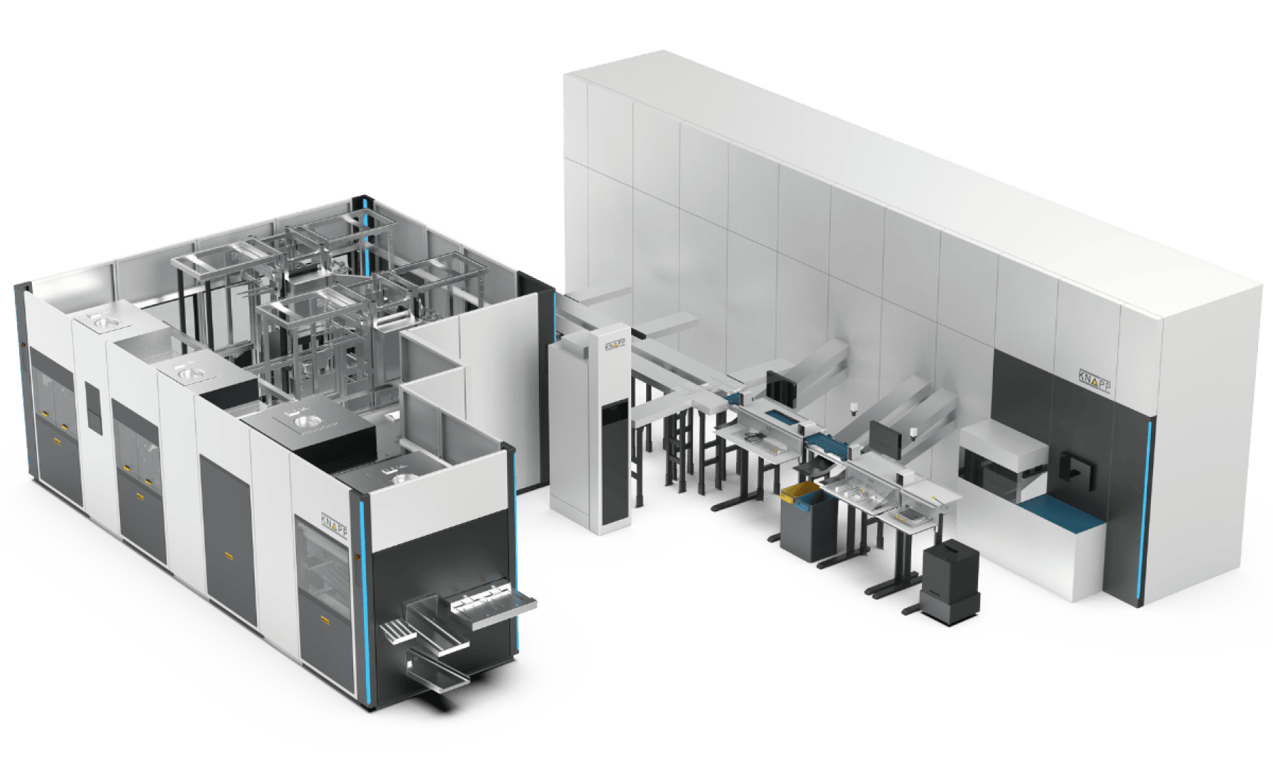 A large, modern automated industrial machine system with interconnected modules, conveyor belts, robotic arms, and compartments, designed for manufacturing or material handling in a clean, white environment.