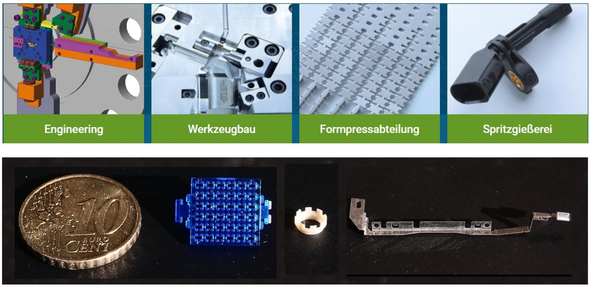 Collage mit technischen Diagrammen, Metallwerkzeugen und Kunststoffkomponenten mit den Beschriftungen „Engineering“, „Werkzeugbau“, „Formpressabteilung“ und „Spritzgießerei“. Die untere Reihe zeigt kleine gefertigte Teile neben einer 10-Cent-Münze als Größenvergleich.