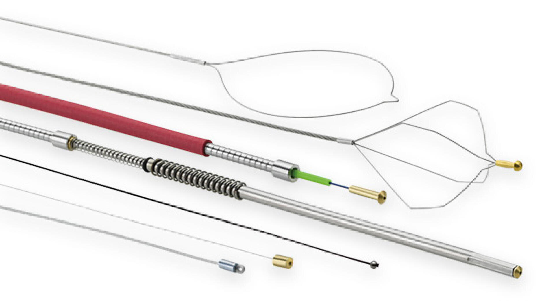 Various types of medical retrieval devices and guide wires are arranged on a white background, including wire loops, coiled metal tubes, and flexible rods with small metal tips.
