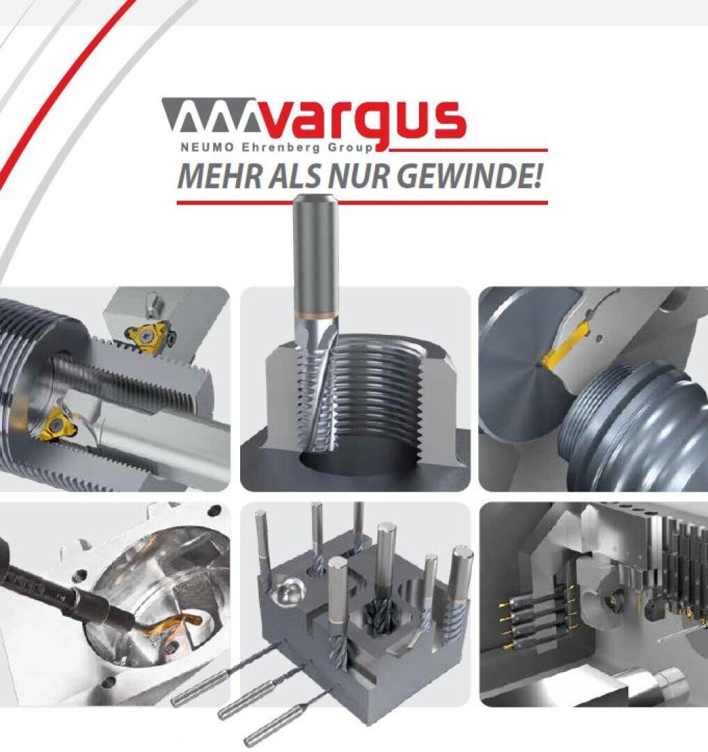 Collage of metalworking tools working on threaded parts with the Vargus logo and the German text "Mehr als nur Gewinde!" Translated: "More than just threads!" Topic metalworking and precision mechanics.