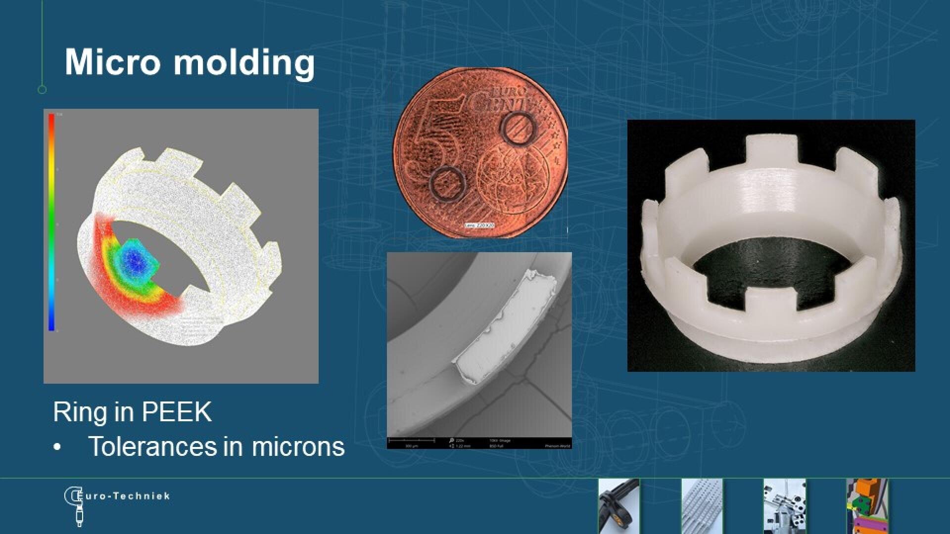 Eine Folie mit dem Titel „Mikroformen“, die ein weißes ringförmiges Teil aus PEEK, eine Eurocent-Münze zum Größenvergleich, ein Simulationsbild mit Farbverläufen und eine mikroskopische Nahaufnahme zeigt; im Text werden Toleranzen im Mikrometerbereich angegeben.