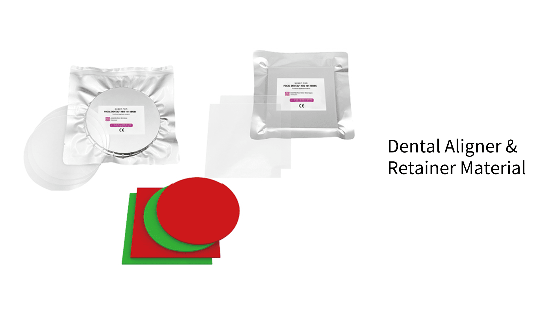 Verpackungen für Aligner- und Retainermaterial für Zahnärzte, einschließlich runder Blätter in Rot und Grün und silberner Verpackung mit dem Text Dental Aligner & Retainermaterial auf weißem Hintergrund.