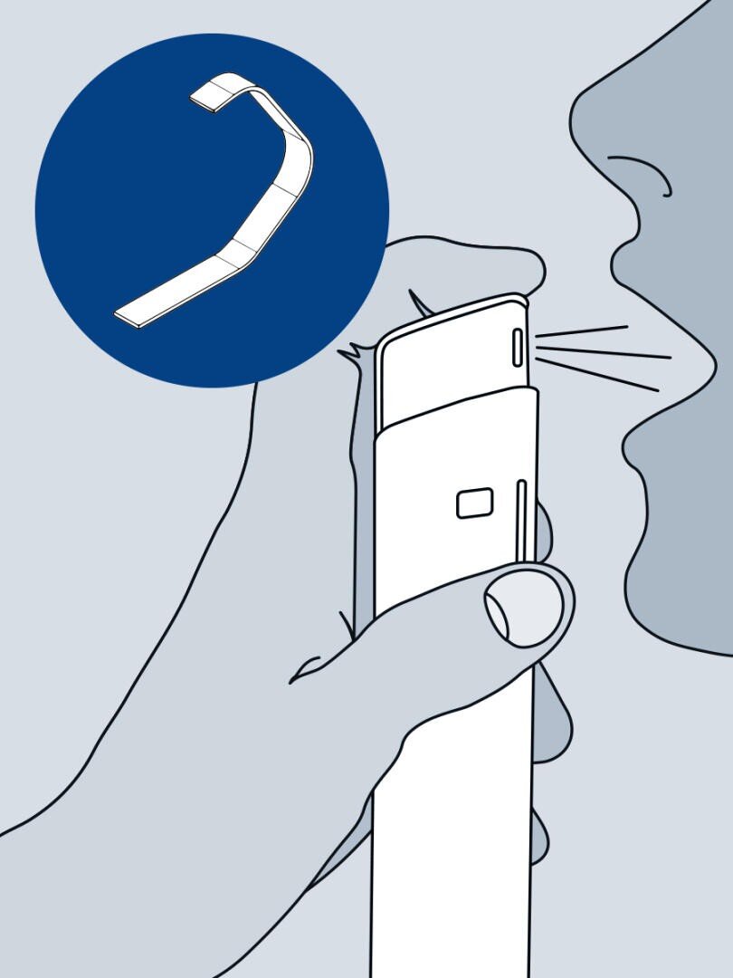 A person blowing into a portable breathalyzer, with a close-up of the disposable mouthpiece.