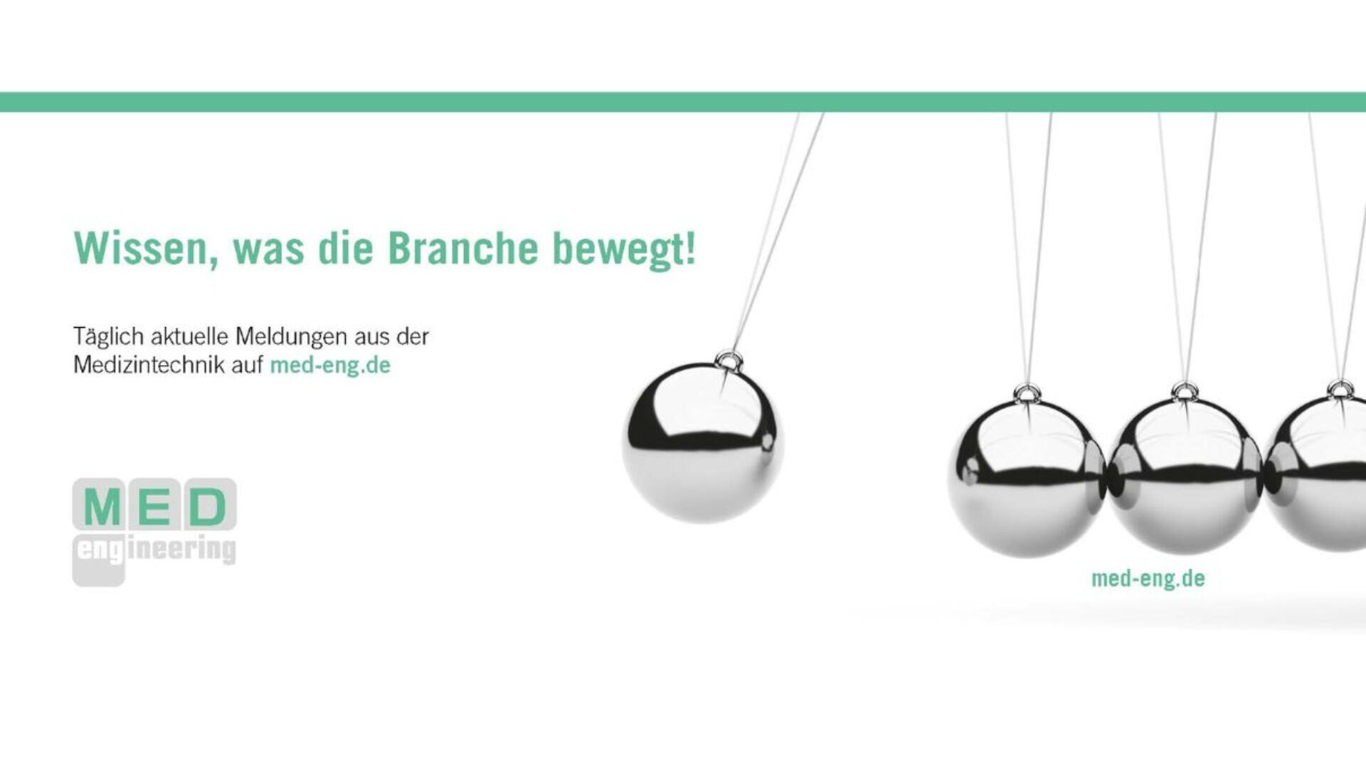 Four silver Newtons cradle spheres are suspended on the right. On the left, German text reads “Wissen, was die Branche bewegt!” and provides a website for news about medical technology. MED engineering logo appears below.