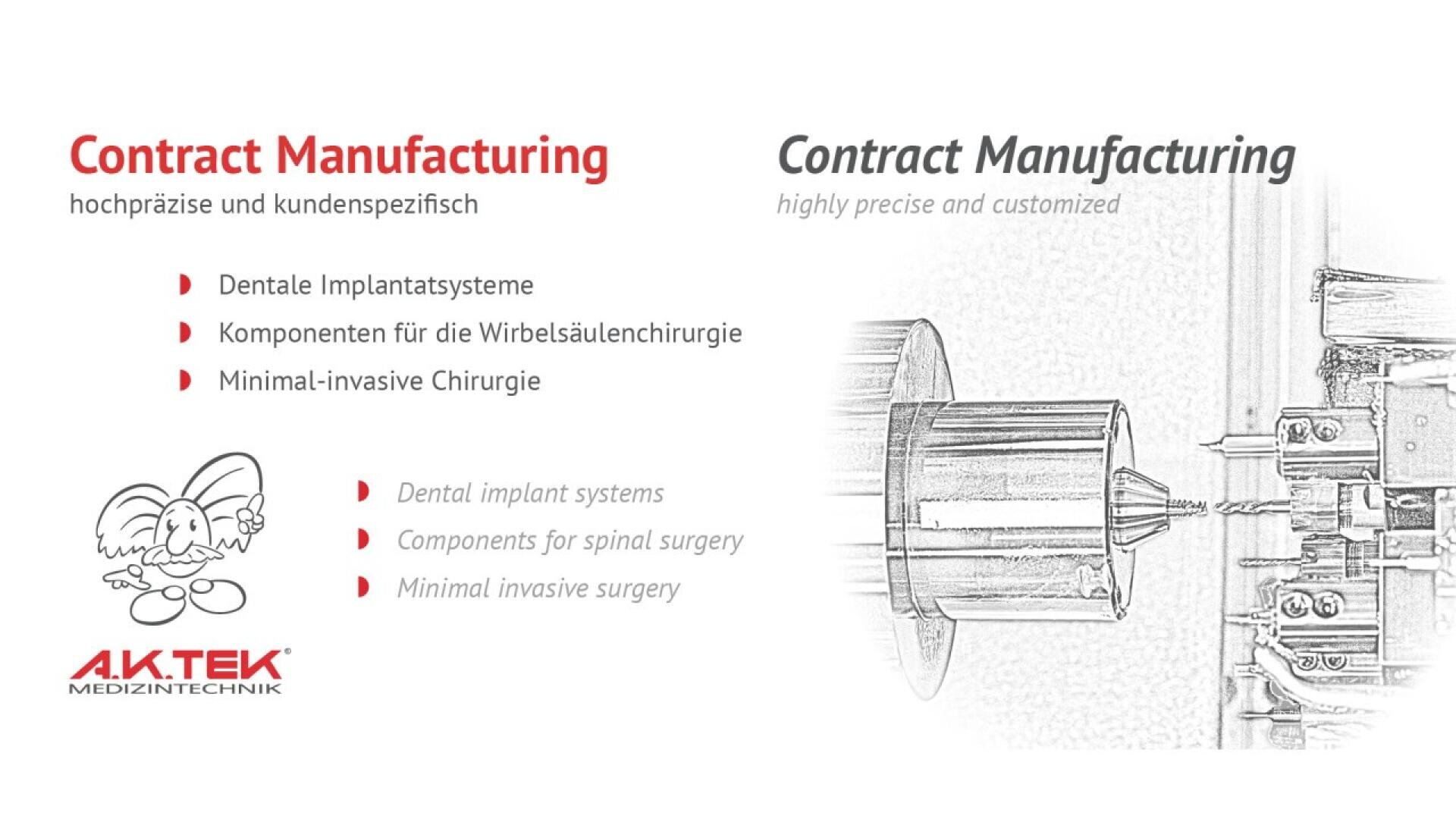 Promotional graphic for AK.TEK featuring text in German and English about contract manufacturing for dental implant systems, spinal surgery components, and minimally invasive surgery, with a technical machine illustration on the right.