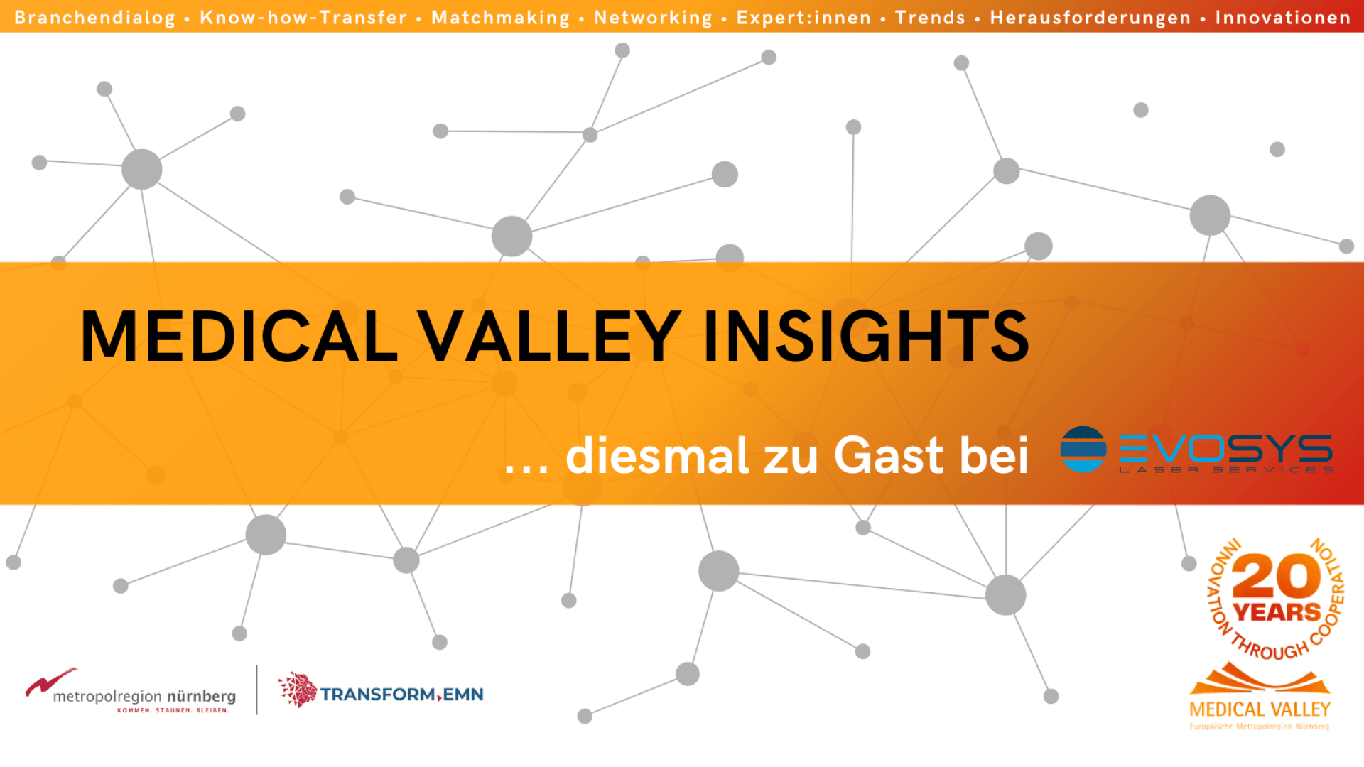Veranstaltungsbanner mit orangem Text "MEDICAL VALLEY INSIGHTS" und Logos von EVOSYS, Metropolregion Nürnberg, TRANSFORM.EMN und Medical Valley 20 Jahre. Im Hintergrund sind Netzwerklinien und wissenschaftliche Knotenpunkte zu sehen. Deutscher Text in gelb.