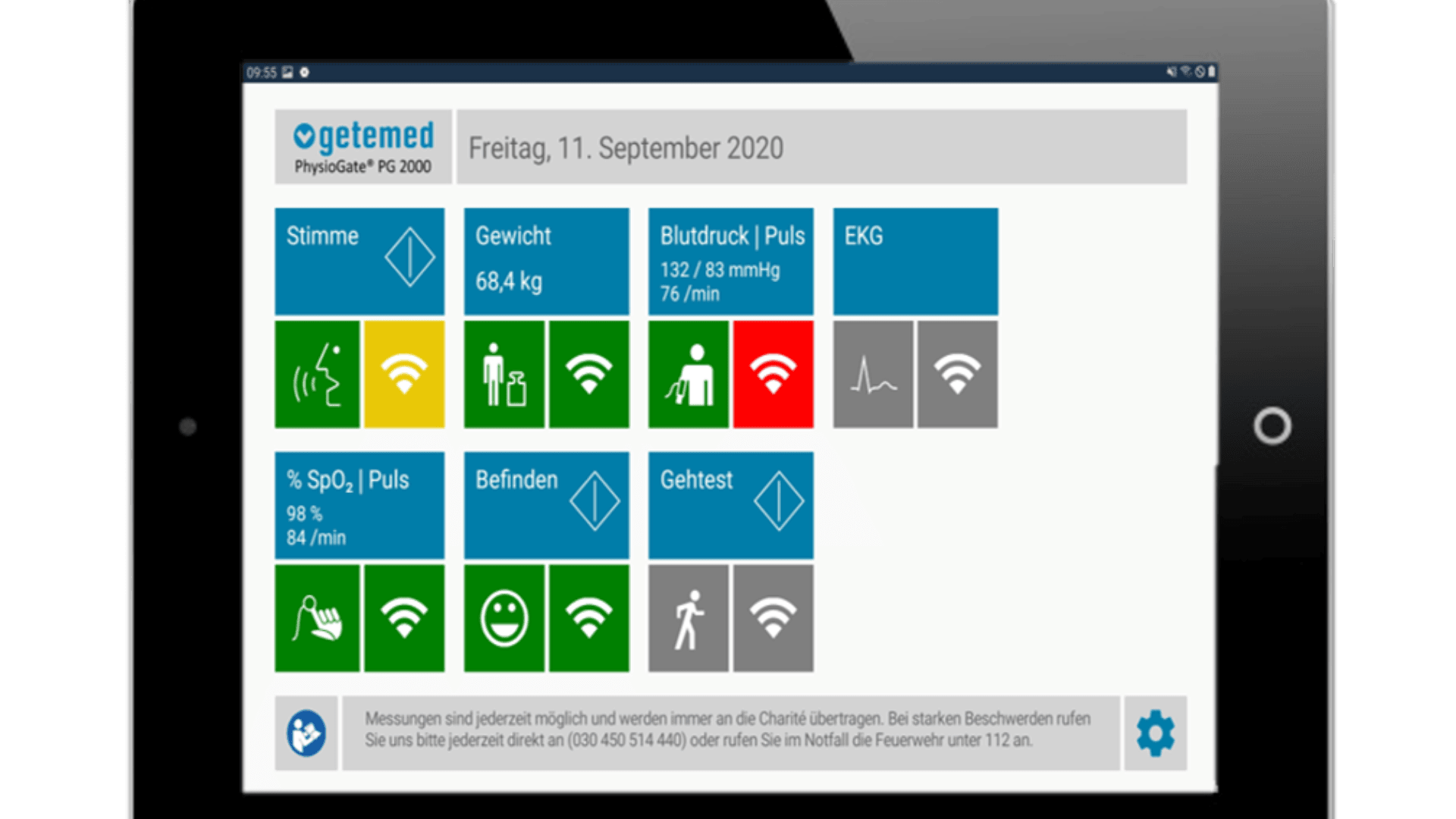 Ein Tablet-Bildschirm zeigt eine App zur Gesundheitsüberwachung mit Symbolen und Daten für Gewicht, Blutdruck, Puls, SpO₂ und Schritte sowie Stimmung und Sprachstatus. Das angezeigte Datum ist Freitag, der 11. September 2020.