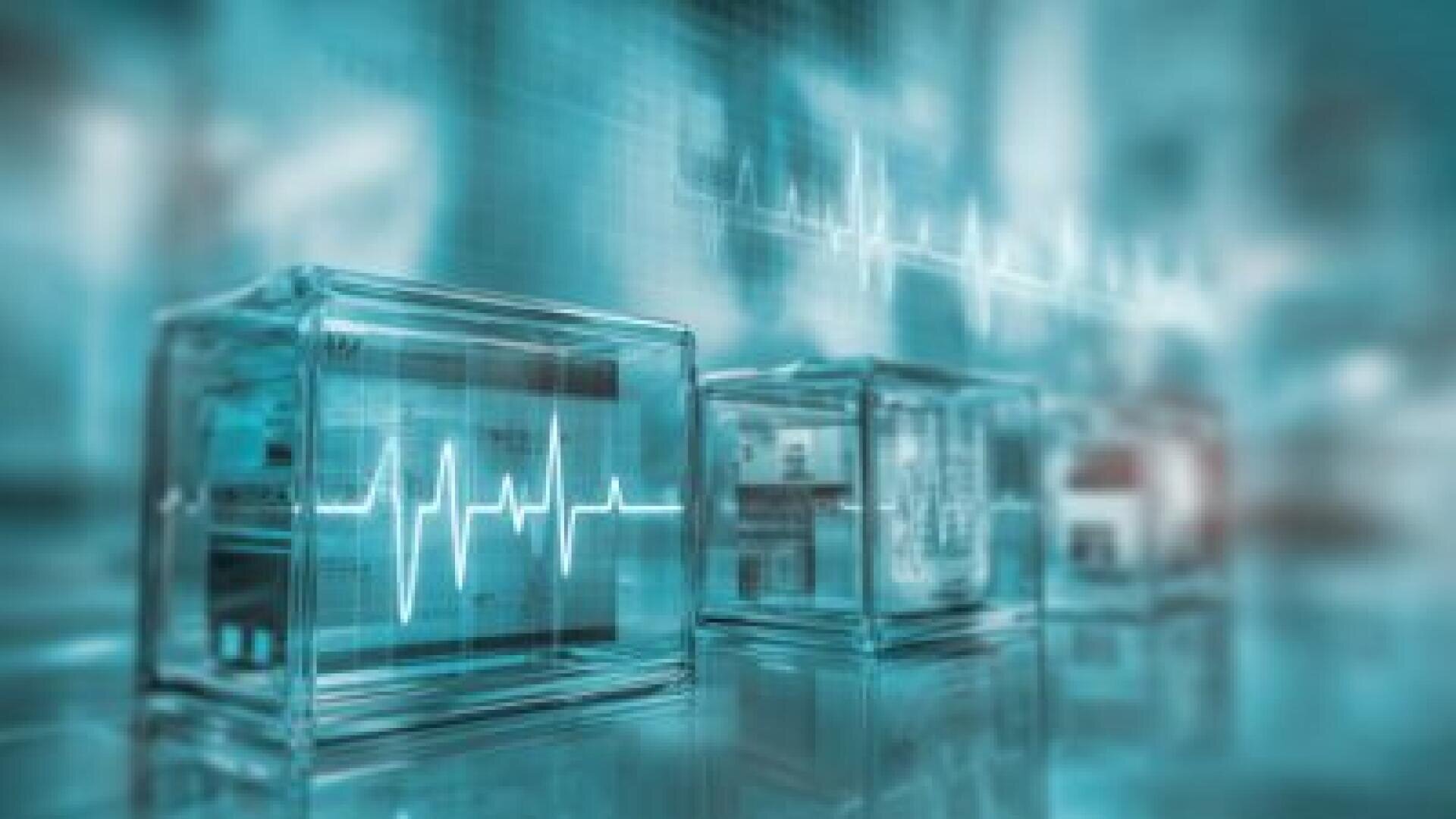 Glaswürfel mit digitalen Pulslinien vor einem blauen High-Tech-Hintergrund mit schwachen elektronischen Schaltkreisen und einer großen EKG-Wellenform, die an Medizintechnik oder Datenanalyse erinnern.