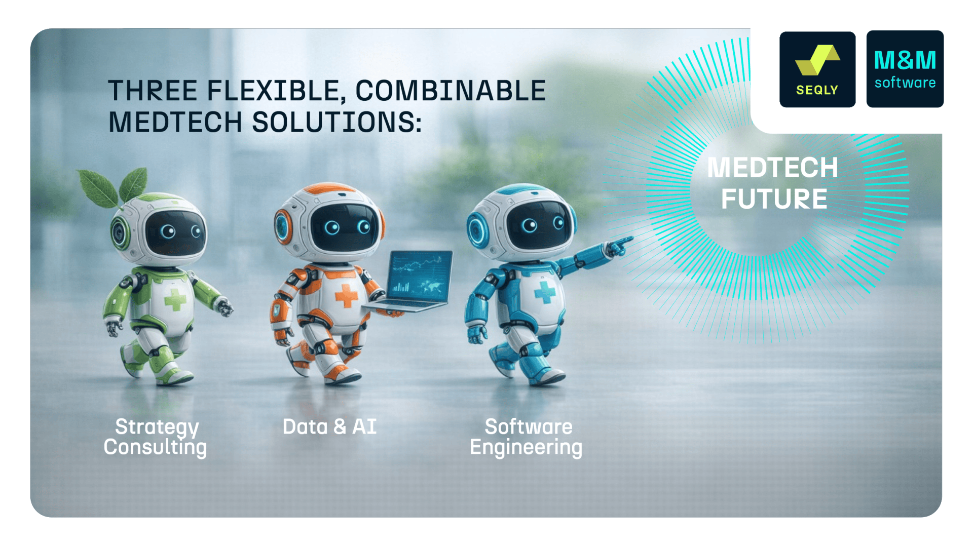 Drei niedliche Roboter repräsentieren Strategy Consulting, Data & AI und Software Engineering unter dem Text "Three flexible, combinable MedTech solutions". Ein Roboter zeigt auf einen leuchtenden Kreis mit der Aufschrift "MedTech Future". Es werden Logos für SEQIV und M&M Software gezeigt.