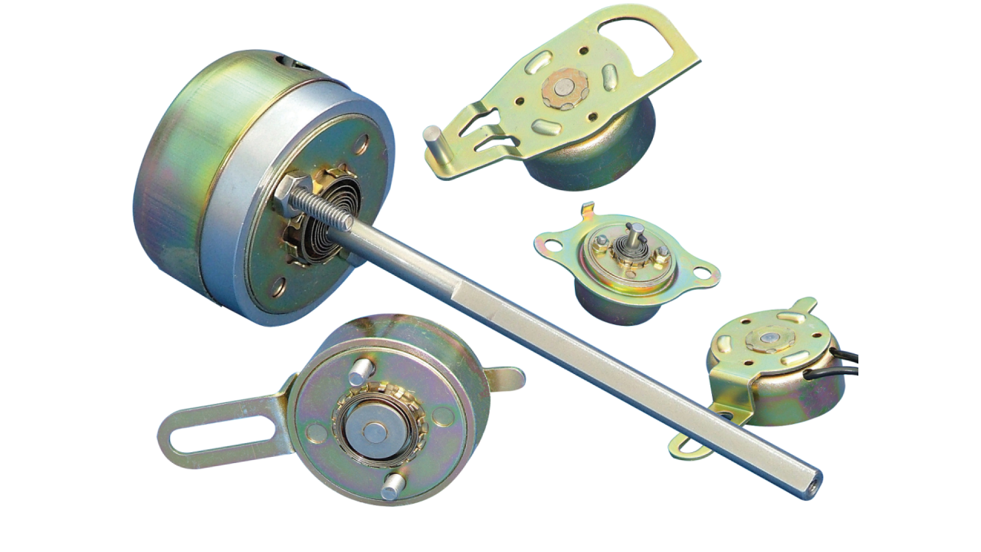 Five metallic rotary dampers and control mechanisms with a shiny, iridescent finish are arranged on a white background, including one with an attached rod extending outward.