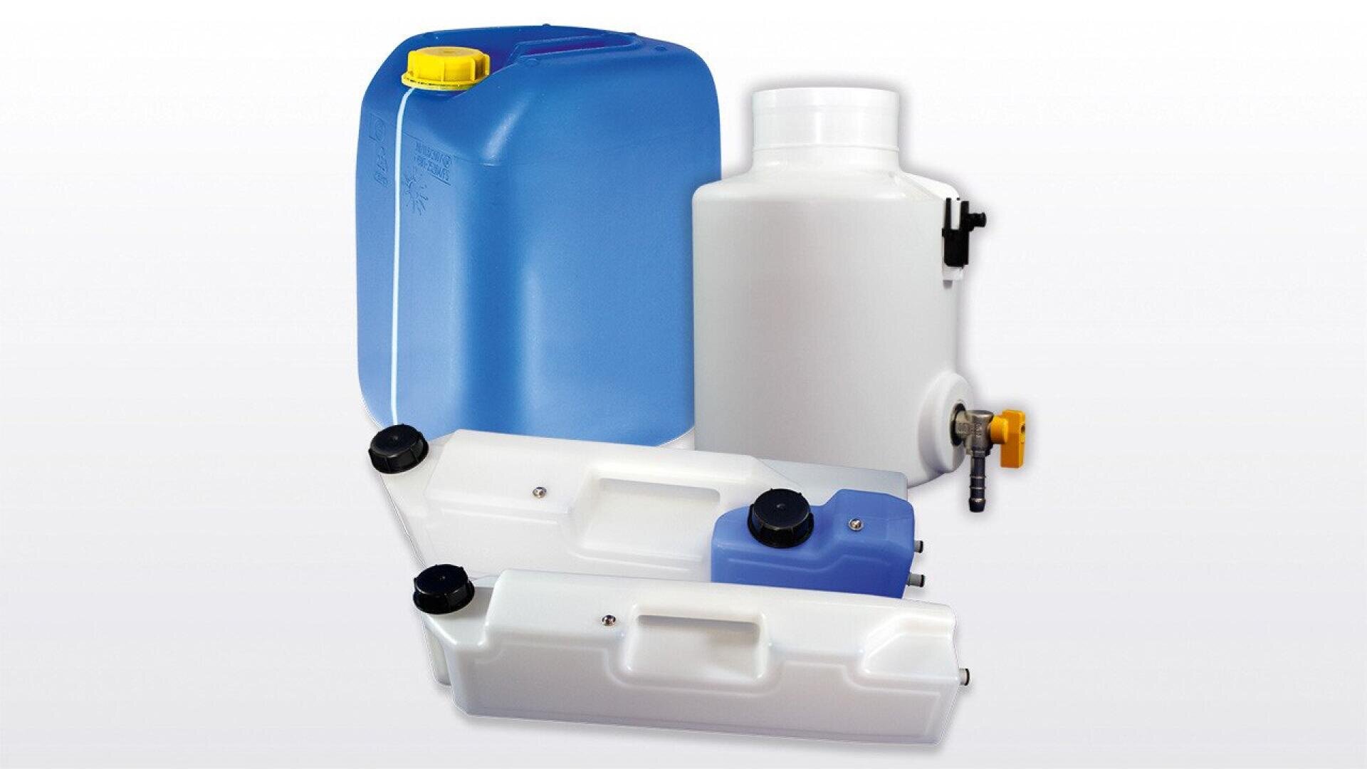 Five plastic jerry cans and containers of various shapes and sizes, mainly in white and blue colors, are grouped together on a plain white background. Some have black or yellow caps and spouts.