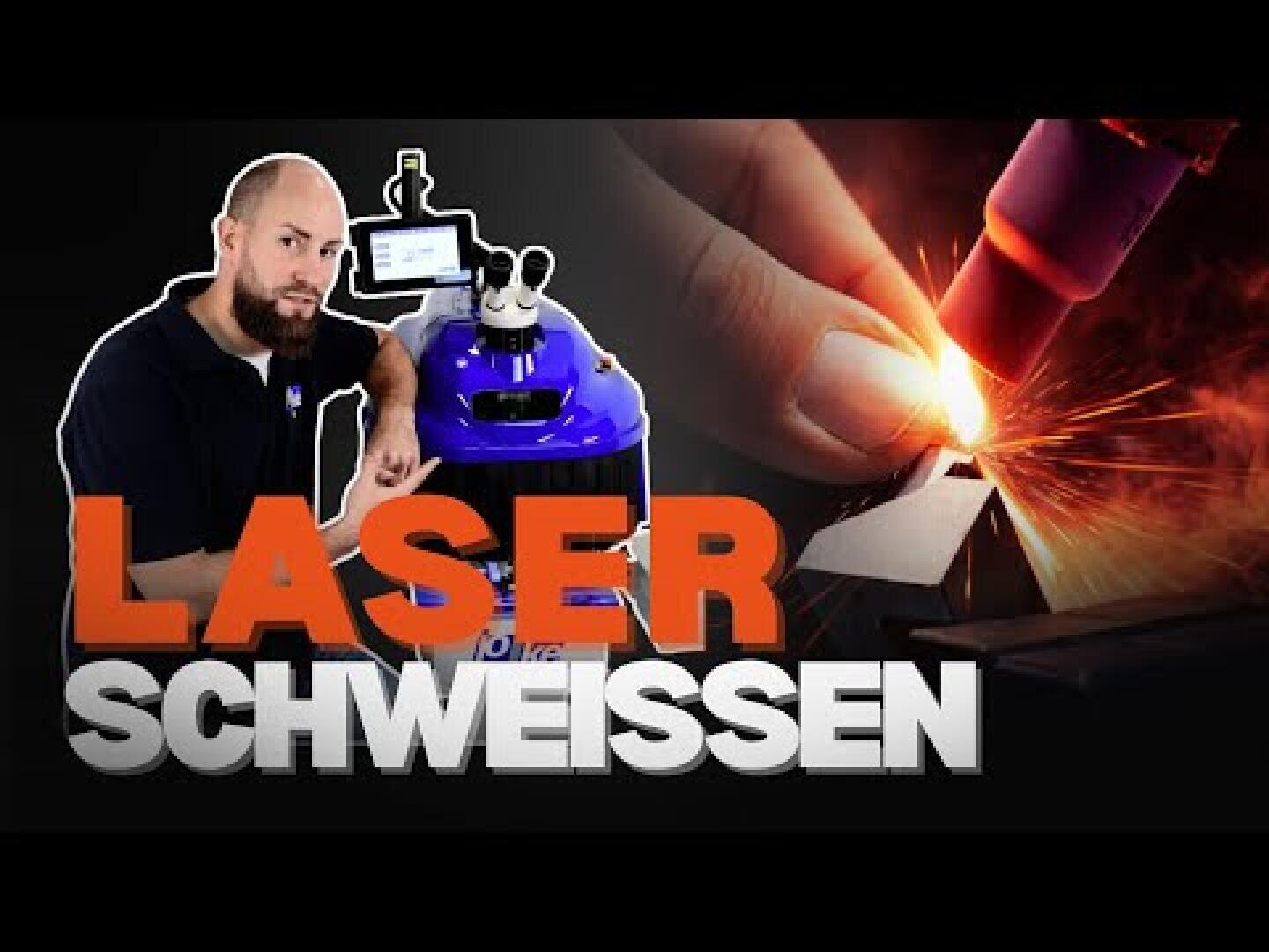 A man stands next to a blue laser welding machine. In the background is a close-up of a hand holding a laser welding machine that is spraying sparks. LASER WELDING is written in large letters.