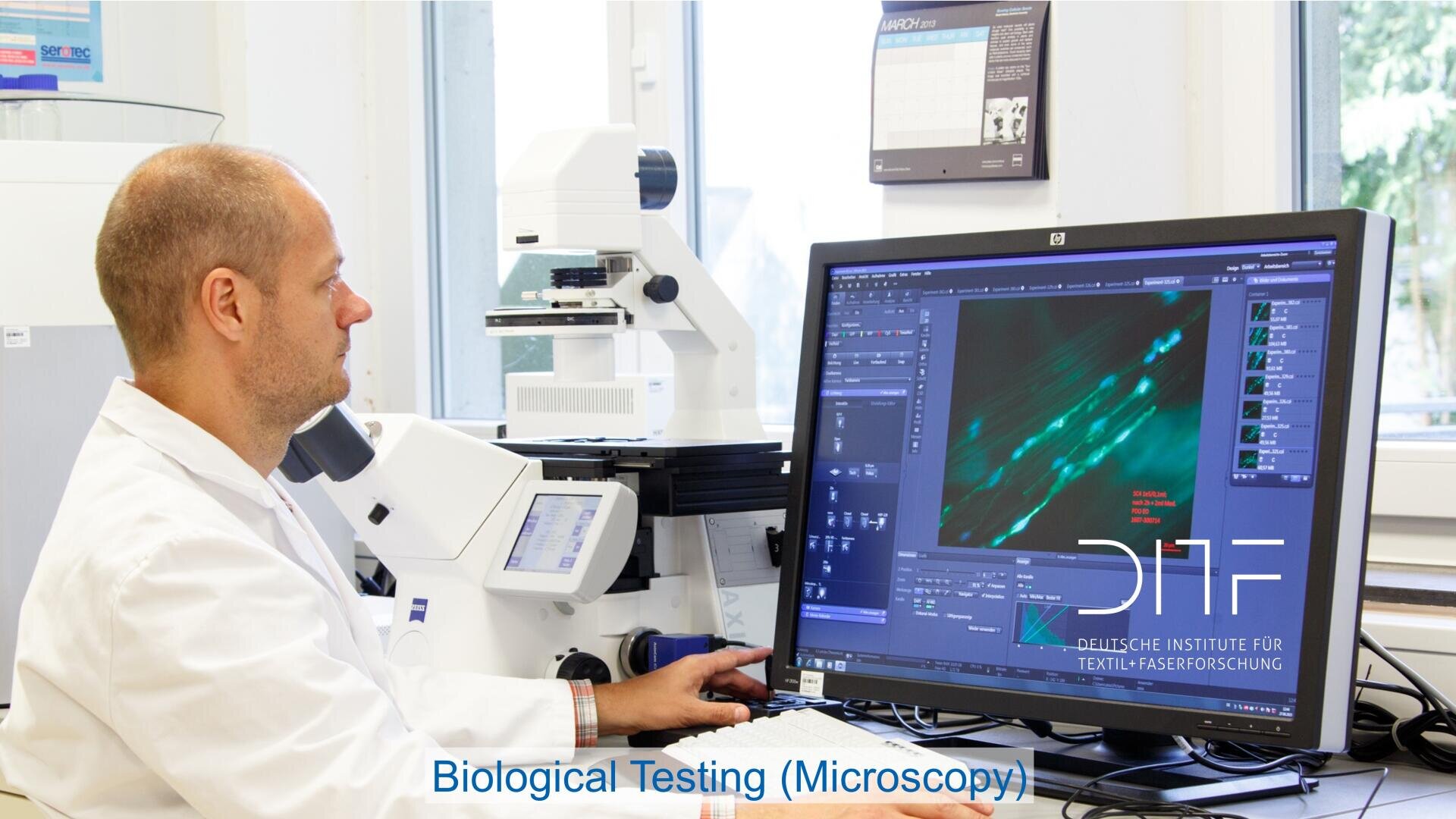 A scientist in a lab coat analyzes microscopic images on a large computer monitor next to a microscope. The screen shows green cellular structures. Text on screen reads Deutsches Institut für Textil- & Faserforschung.