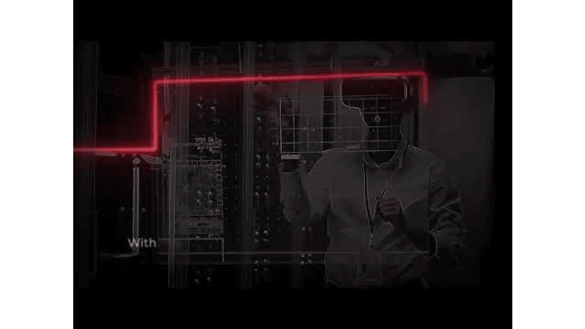 A person wearing a virtual reality headset stands in front of servers, interacting with digital graphics and a red glowing line overlayed on the image.