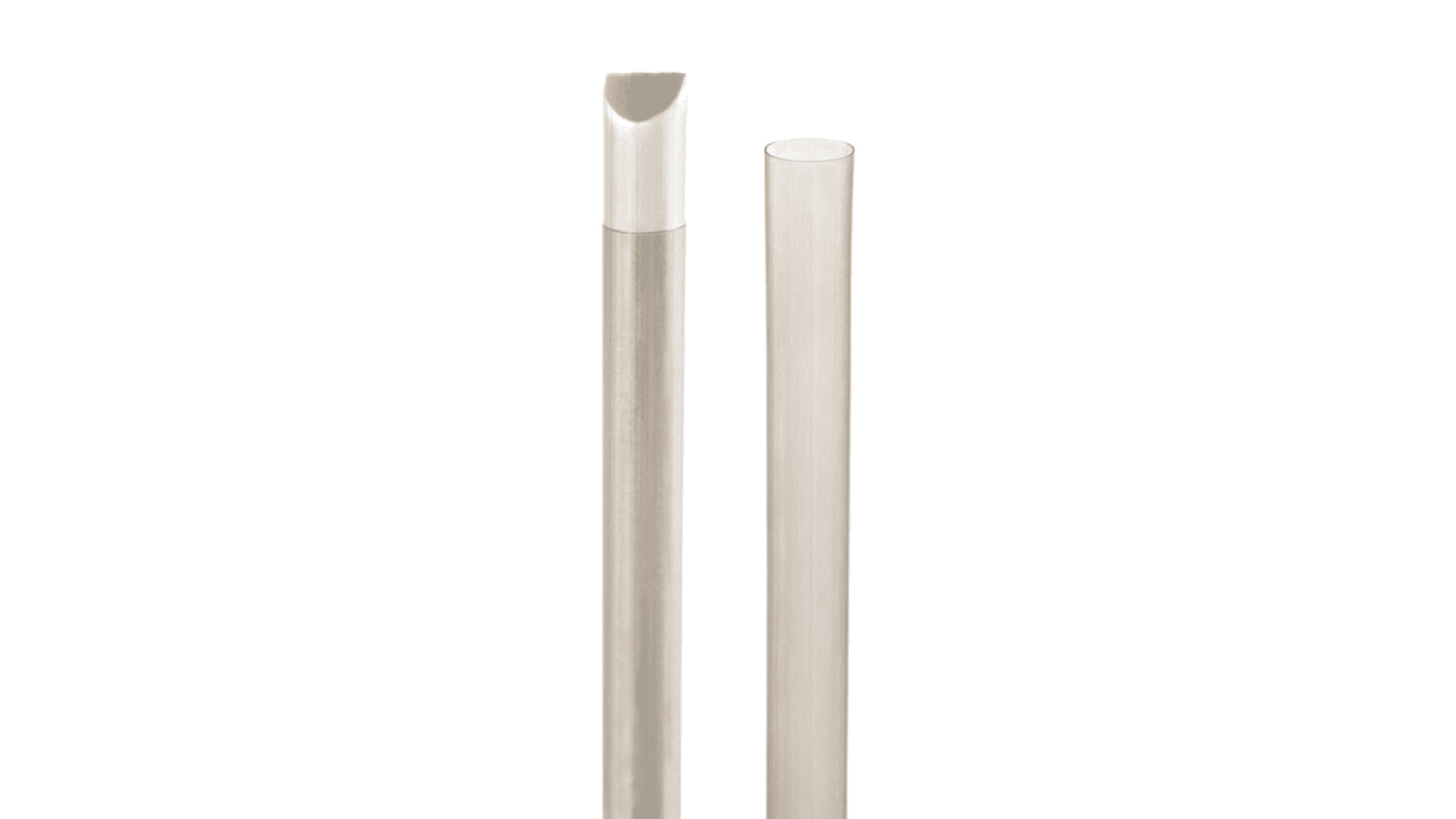 Two clear, cylindrical plastic drinking straws are shown upright; one has an angled, cut tip and the other has a flat, straight edge. The background is plain white.