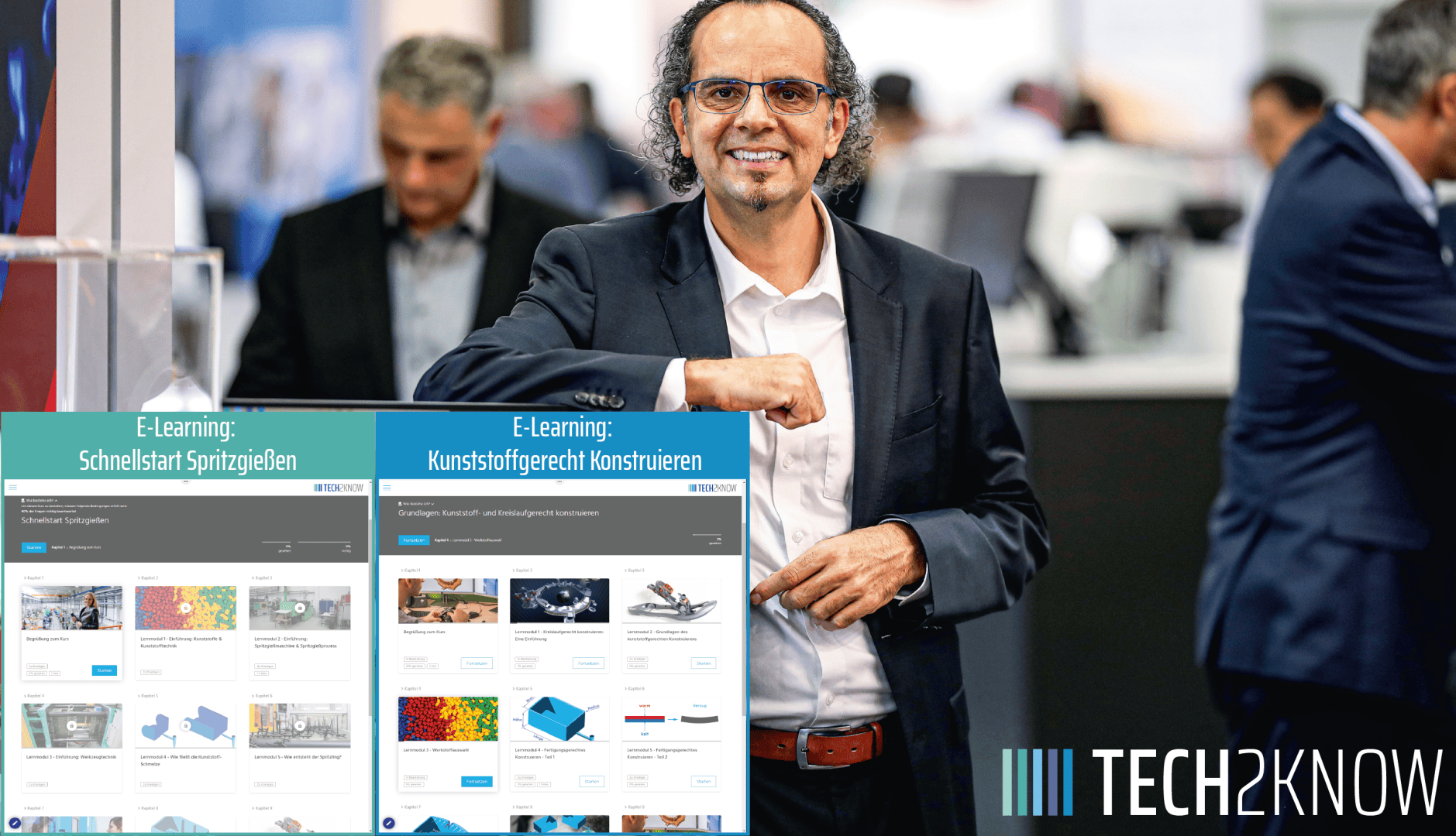 Ein lächelnder Mann in Businesskleidung steht in einer Büroumgebung. Im Vordergrund sind Bildschirme mit E-Learning-Kursen und dem Logo von TECH2KNOW zu sehen. Im unscharfen Hintergrund sind weitere Personen und Schreibtische zu sehen.