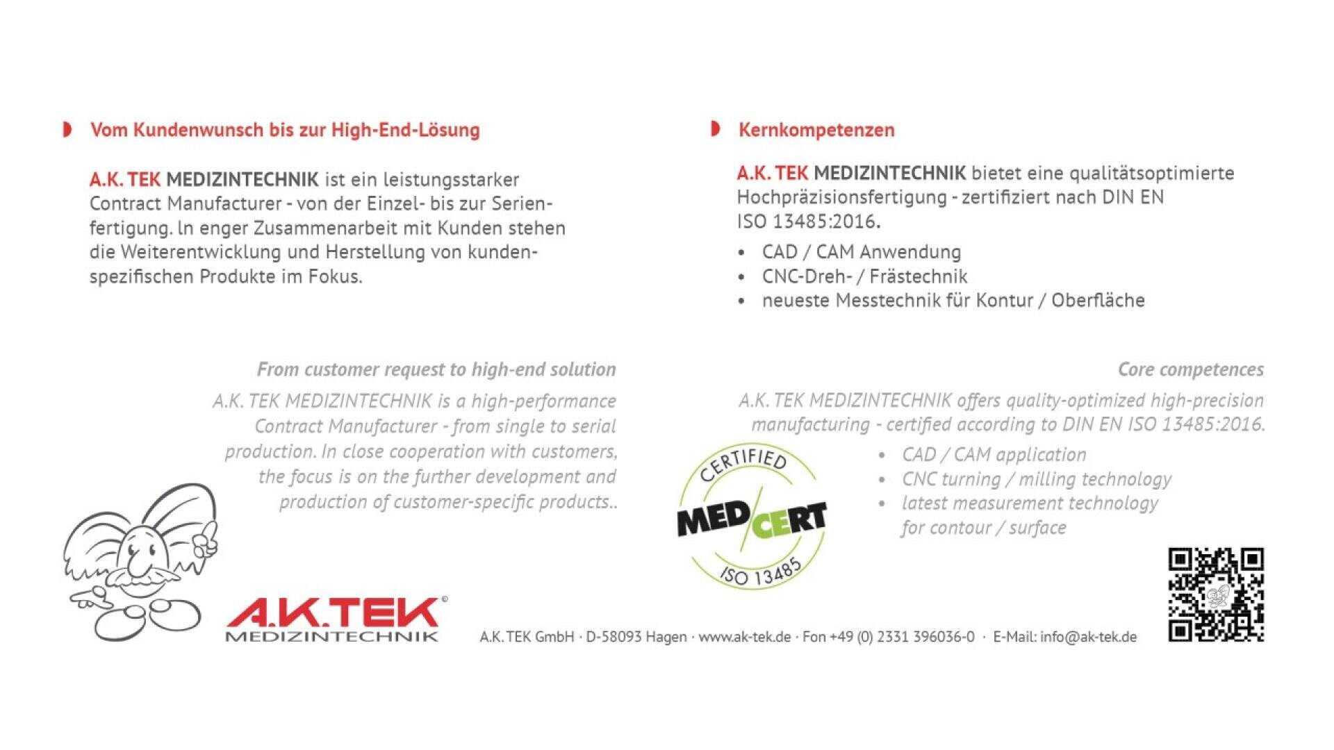 A German-language brochure for AK TEK MEDIZINTECHNIK features company details, core competencies, a MED CERT ISO 13485:2016 certification logo, and contact information with a red and gray color scheme.