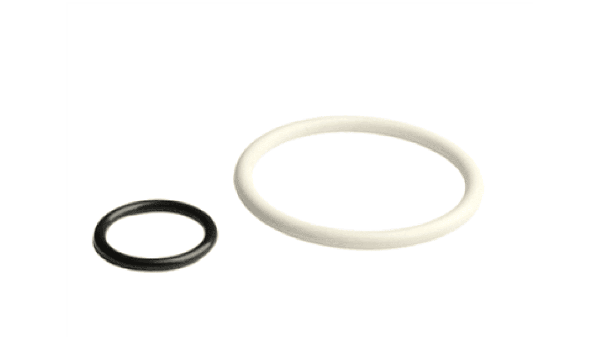 Two O-rings placed on a white background; one is smaller and black, and the other is larger and white.