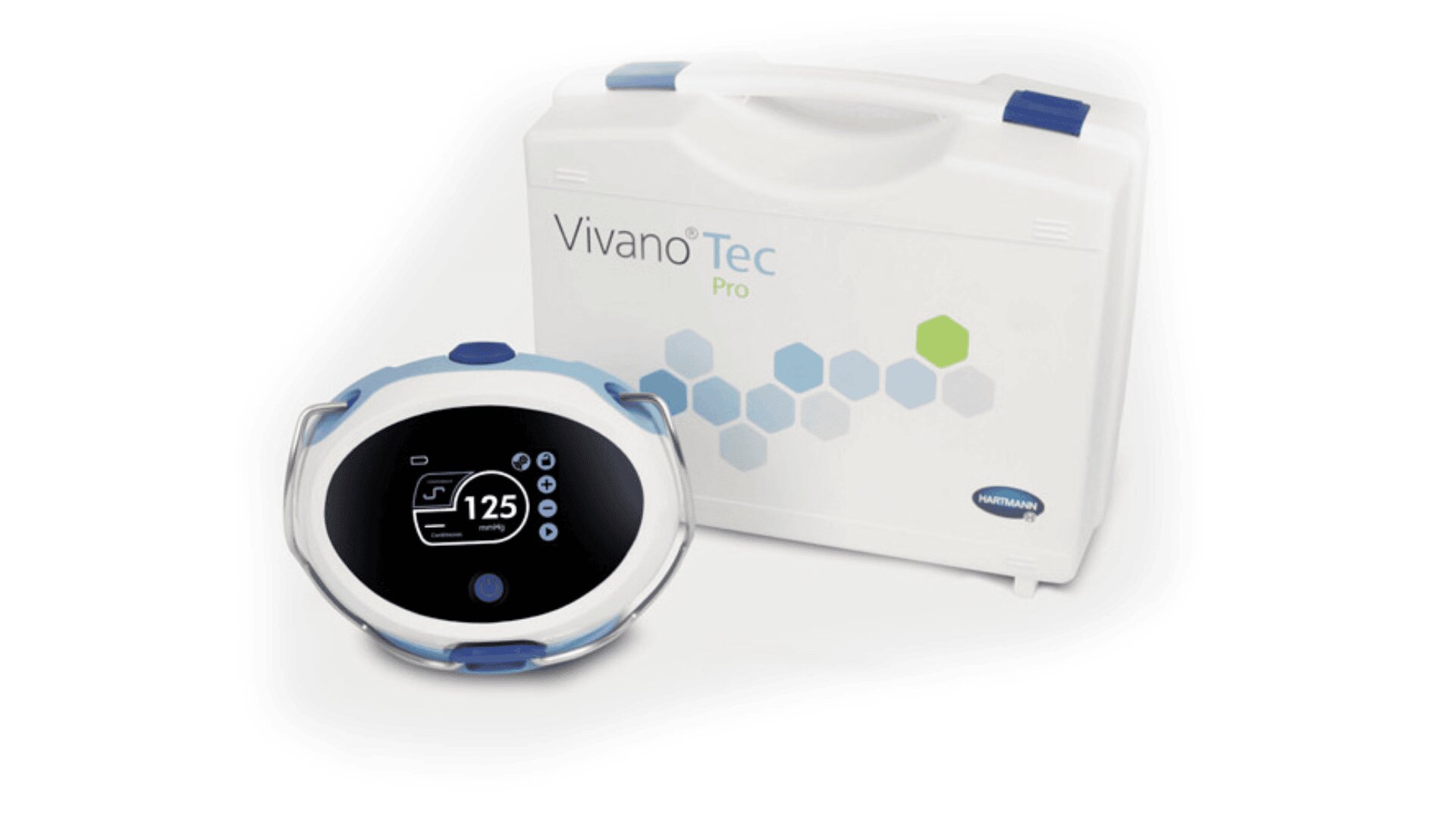 Ein medizinisches Gerät VivanoTec Pro mit einer Digitalanzeige von 125 wird vor einem weißen Koffer mit blauen Akzenten und einem Sechseckmuster gezeigt.