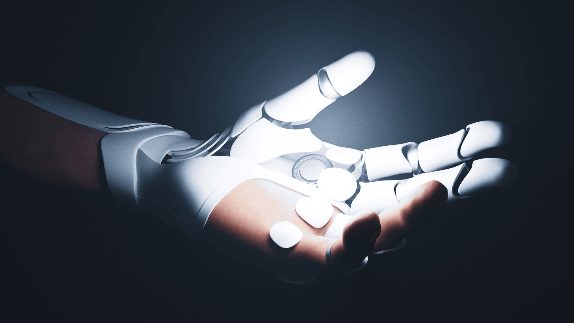Eine Roboterhand mit glatten weißen Fingern und Handflächen ist geöffnet und wird vor einem dunklen Hintergrund beleuchtet, wobei sowohl mechanische als auch menschenähnliche Merkmale hervorgehoben werden.