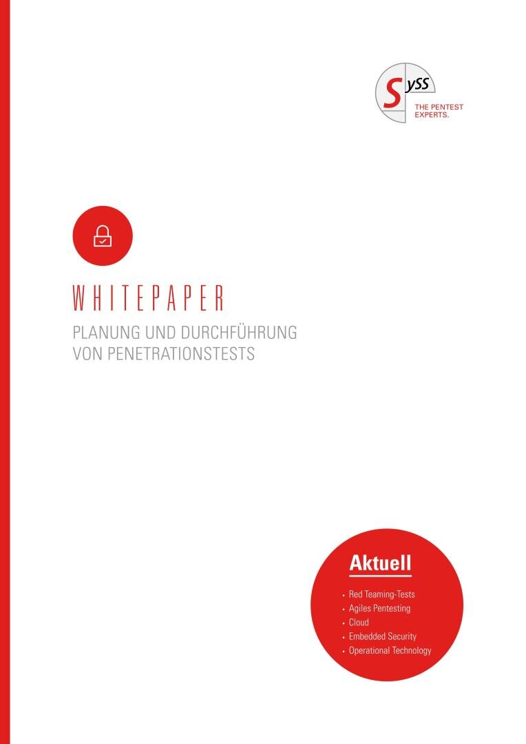 Whitepaper-Cover in deutscher Sprache mit dem Titel "Planung und Durchführung von Penetrationstests" mit einem roten Schlosssymbol, einem orangefarbenen kreisförmigen Abschnitt, der die Themen auflistet, und dem SYSS-Logo in der oberen rechten Ecke.