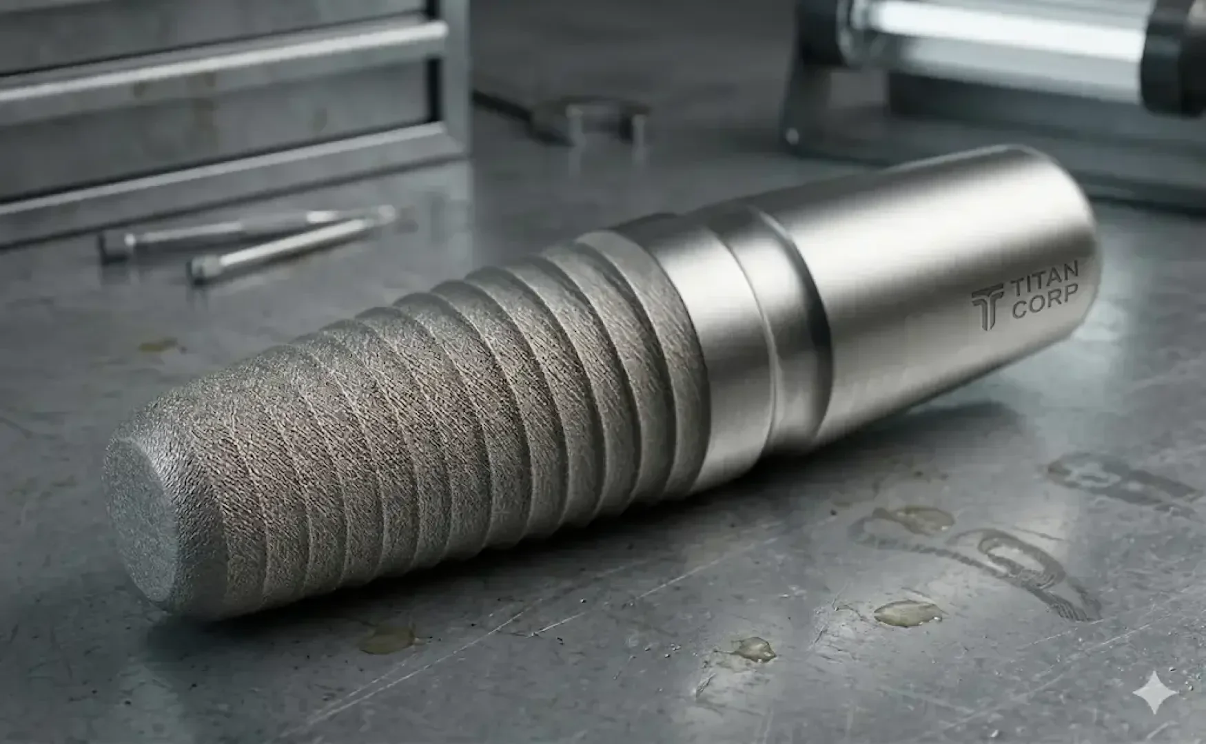 A metallic, cone-shaped industrial tool with grooves at one end rests on a scratched steel workbench. The tool is engraved with the lettering TITAN CORP and has a smooth, polished surface. Bolts and tools are visible in the background.