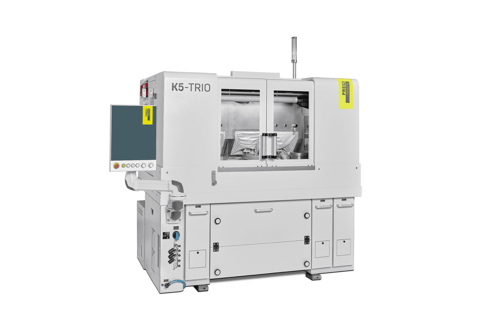 A white CNC industrial machine with the designation K5-TRIO with control panel and Siemens lettering on a white background. The machine has several compartments and a glass window showing the internal components.