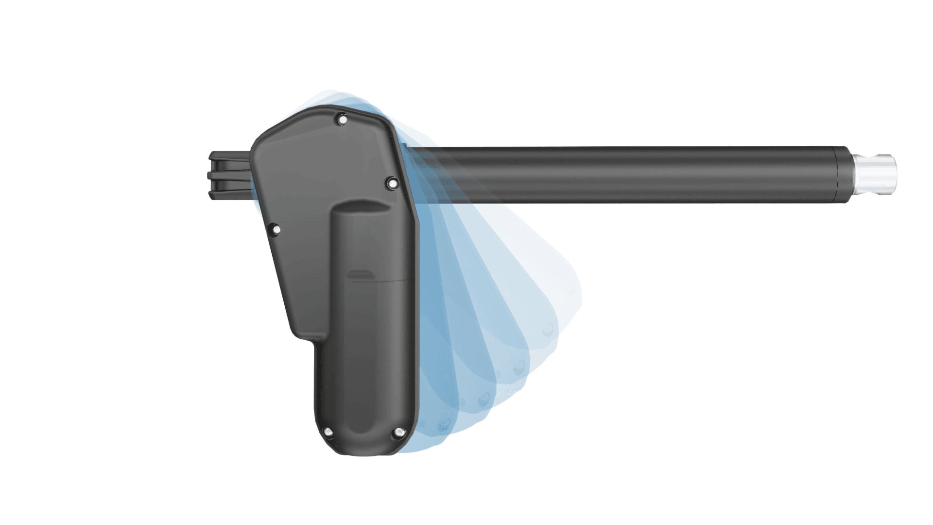Ein schwarzer, motorisierter linearer Antriebsarm, der in verschiedenen ausgefahrenen Positionen gezeigt wird, mit halbtransparenten blauen Abbildungen, die seinen Bewegungsbereich anzeigen, auf weißem Hintergrund.