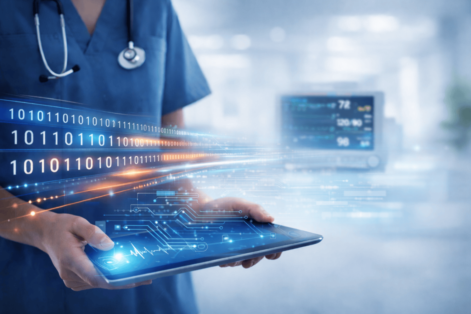A medical professional in a blue coat holds a digital tablet on which medical data and binary codes are displayed. This symbolizes healthcare technology and digital information in a hospital.
