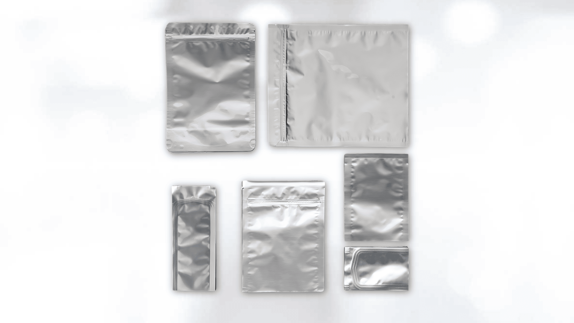 Six different sizes and shapes of shiny, silver, resealable foil pouches are arranged on a white, softly blurred background.