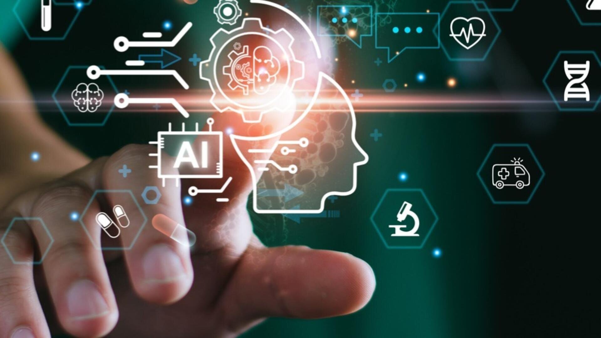 Eine Hand berührt einen transparenten digitalen Bildschirm mit KI-bezogenen Symbolen, darunter ein Gehirn, ein Mikrochip, ein DNA-Strang, ein Mikroskop, medizinische Symbole und Datenflussgrafiken, die künstliche Intelligenz im Gesundheitswesen symbolisieren.