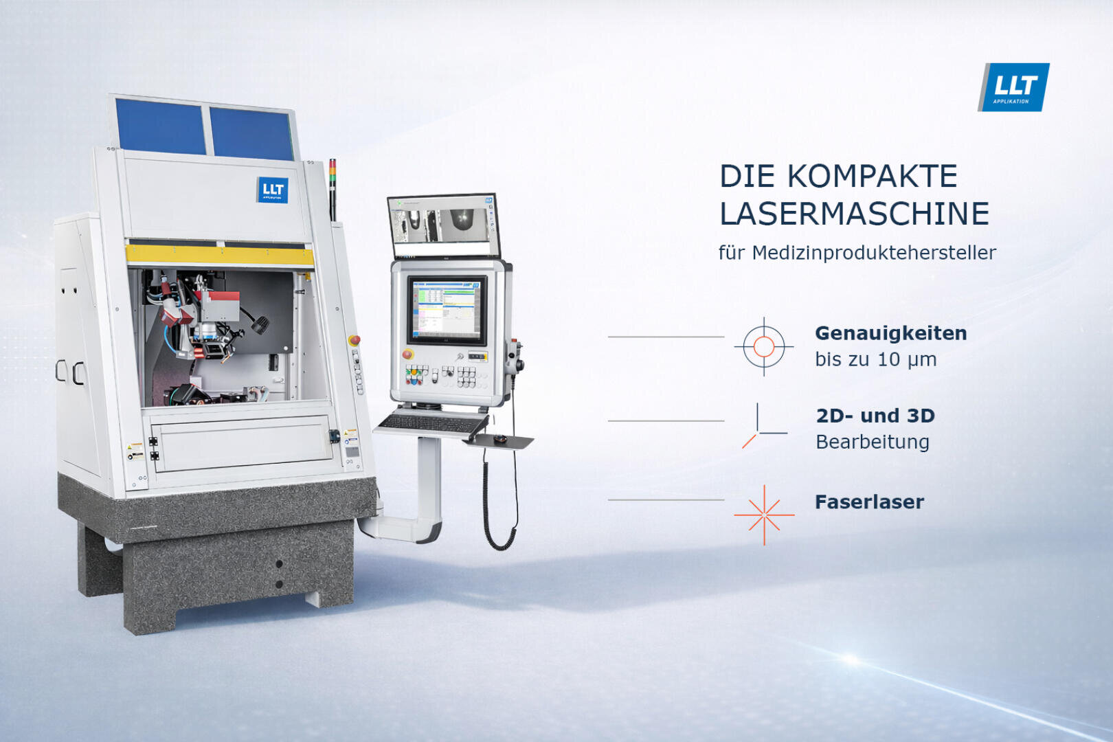 Eine kompakte Lasermaschine mit Bedienfeld, entwickelt für Hersteller medizinischer Geräte. Die wichtigsten Merkmale sind: Präzision bis zu 10 μm, 2D- und 3D-Bearbeitung und Faserlasertechnologie. LLT-Firmenlogo sichtbar.