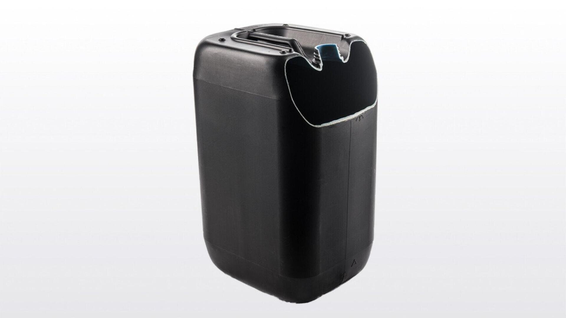 A large, black plastic container with a rectangular shape and an open top, set against a plain, light gray background. The container has a handle and appears to be empty.