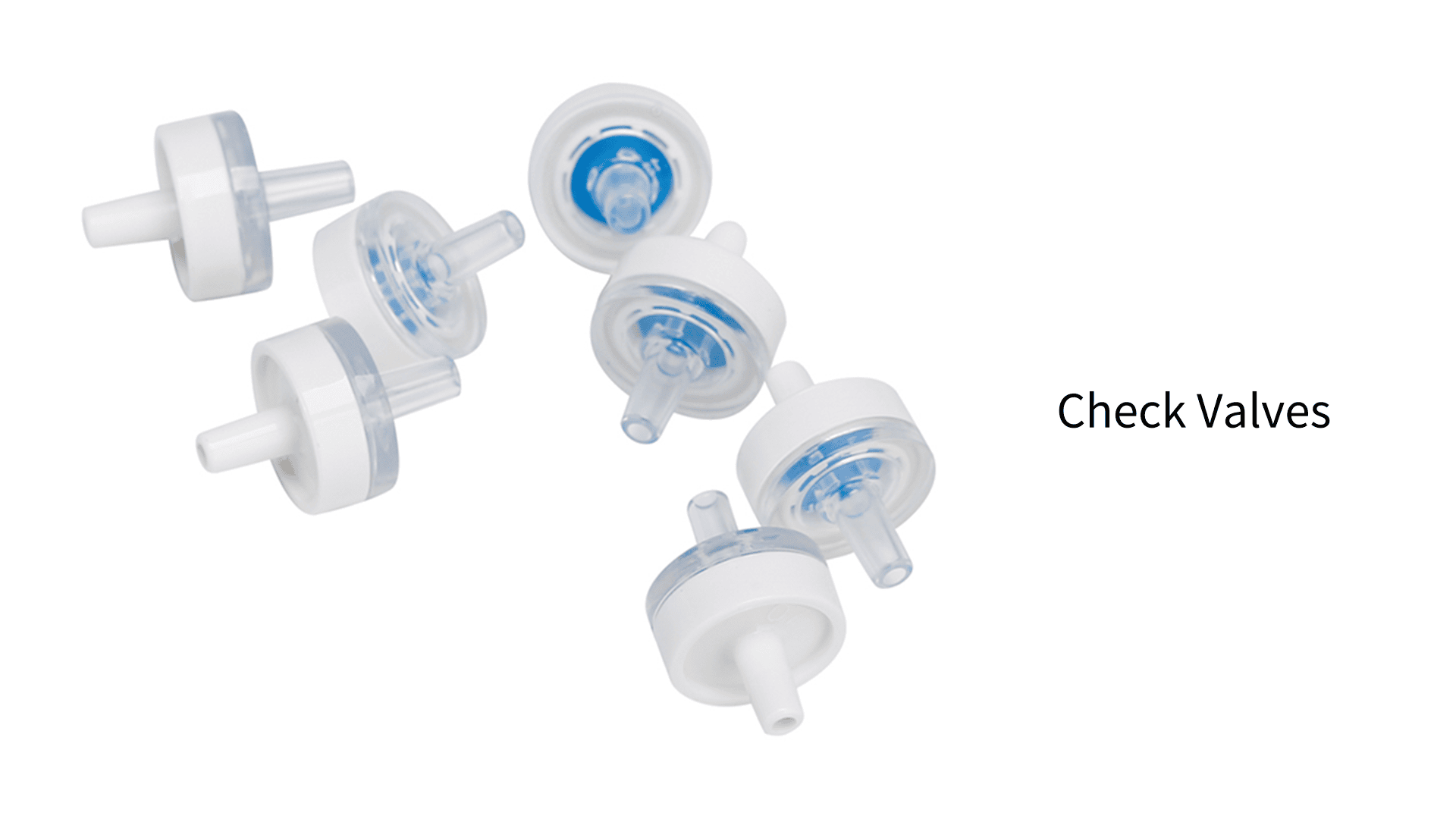 Sechs kleine, runde, weiße und transparente Kunststoff-Rückschlagventile sind auf weißem Hintergrund mit dem Text Check Valves auf der rechten Seite abgebildet.