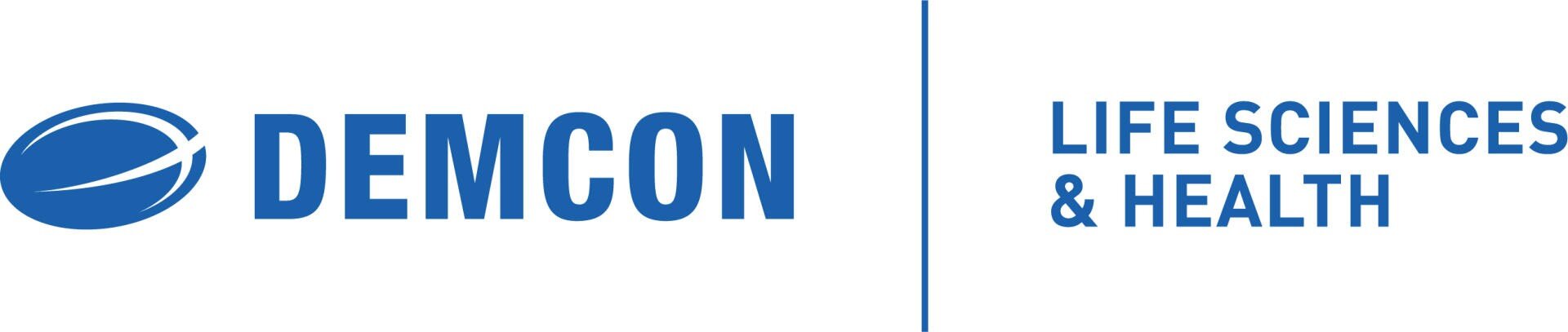 Blue DEMCON logo with a circular icon on the left and the text DEMCON next to it. To the right, separated by a vertical line, is the text LIFE SCIENCES & HEALTH in blue capital letters.