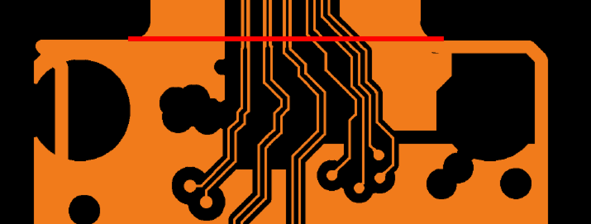 Orange and black circuit board pattern with black traces and circular pads, overlaid by a horizontal red line near the top. The background is white and the design appears abstract.