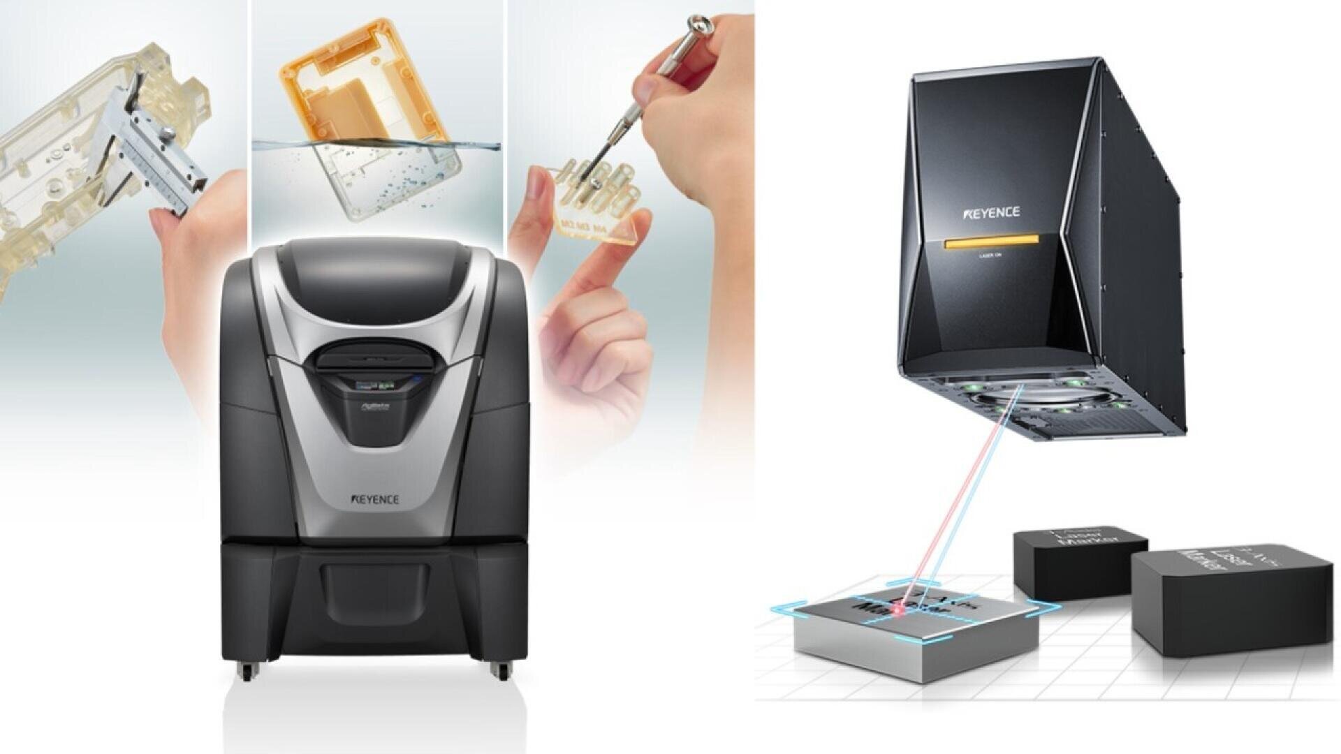 A collage showing a 3D printer, a person assembling a small electronic device, and a KEYENCE laser marker engraving text on black components with colored laser beams.