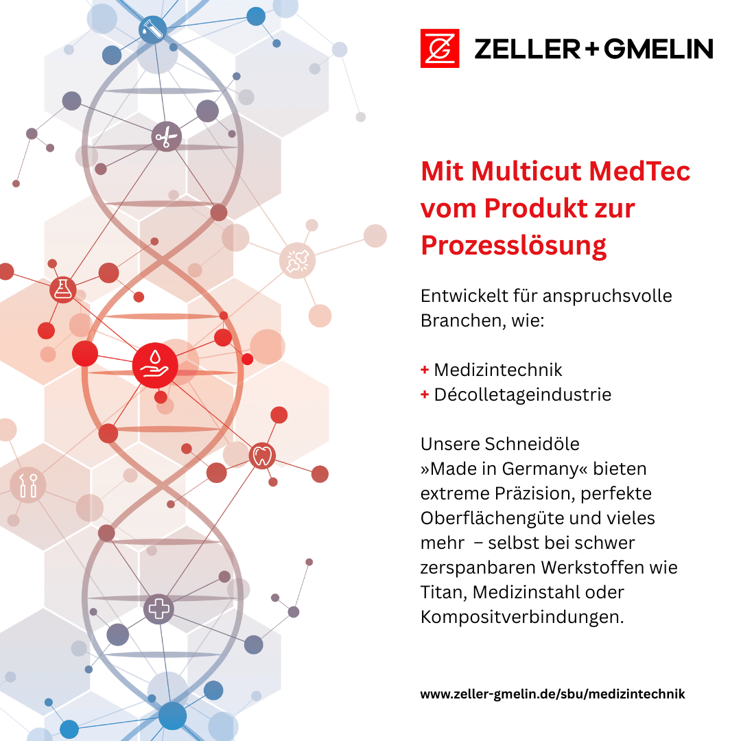 Infografik für den Multicut MedTec von Zeller+Gmelin, die molekulare Strukturen zeigt. Der Text hebt Lösungen für die Medizintechnik und die dekorative Industrie hervor und betont die in Deutschland hergestellten Schneidöle für eine präzise und saubere Verarbeitung.