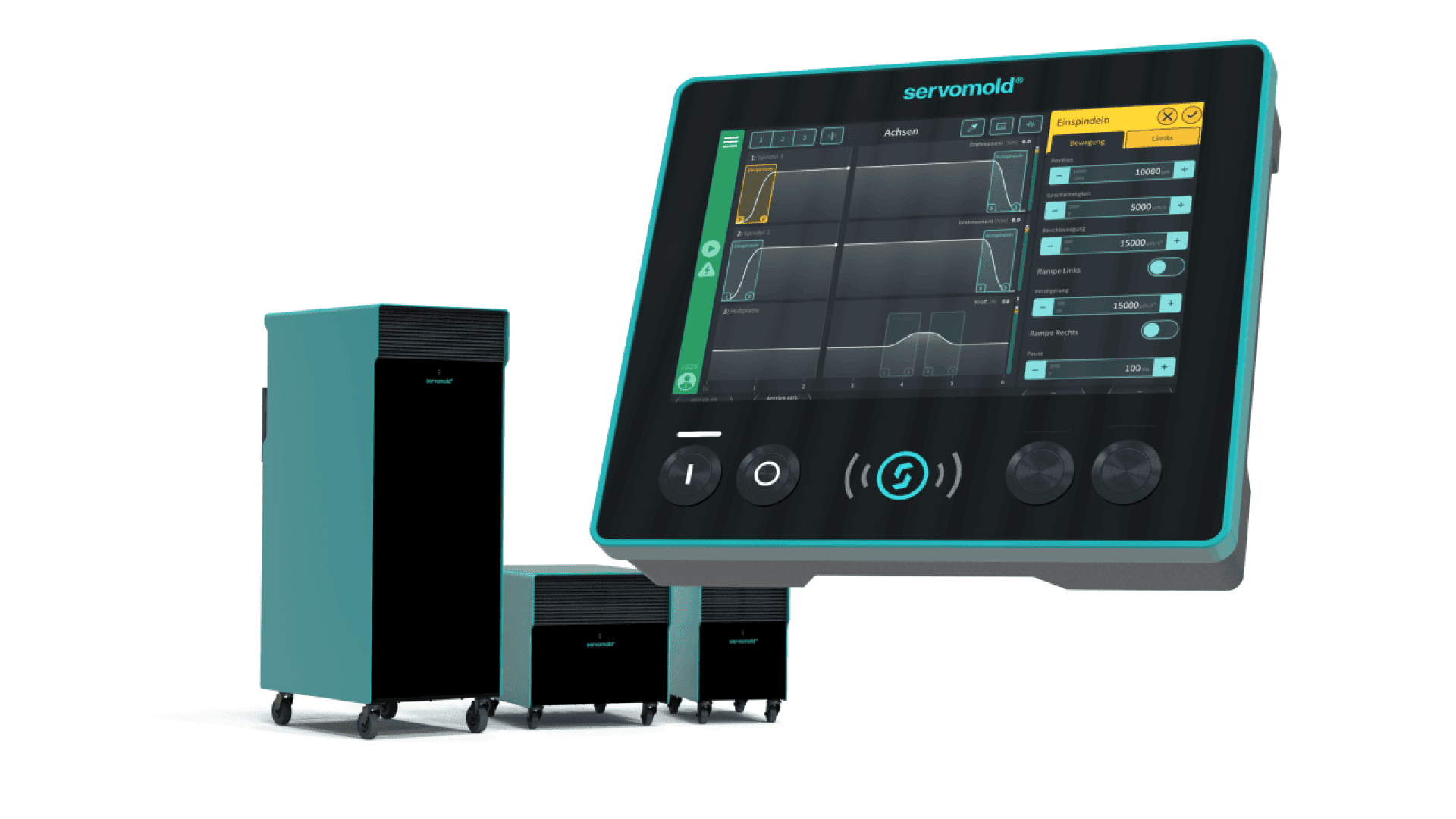 Three teal and black electronic units on wheels are shown next to a close-up of a touchscreen control panel displaying graphs, buttons, and settings labeled servomold.