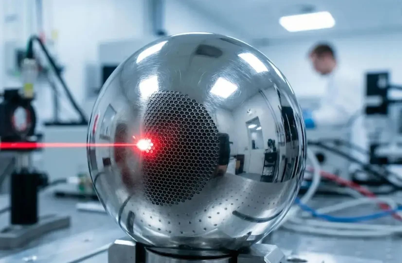 A shiny metal sphere with a honeycomb pattern is struck by a red laser beam in a laboratory. Scientific equipment and a person in a lab coat can be seen in the blurred background.